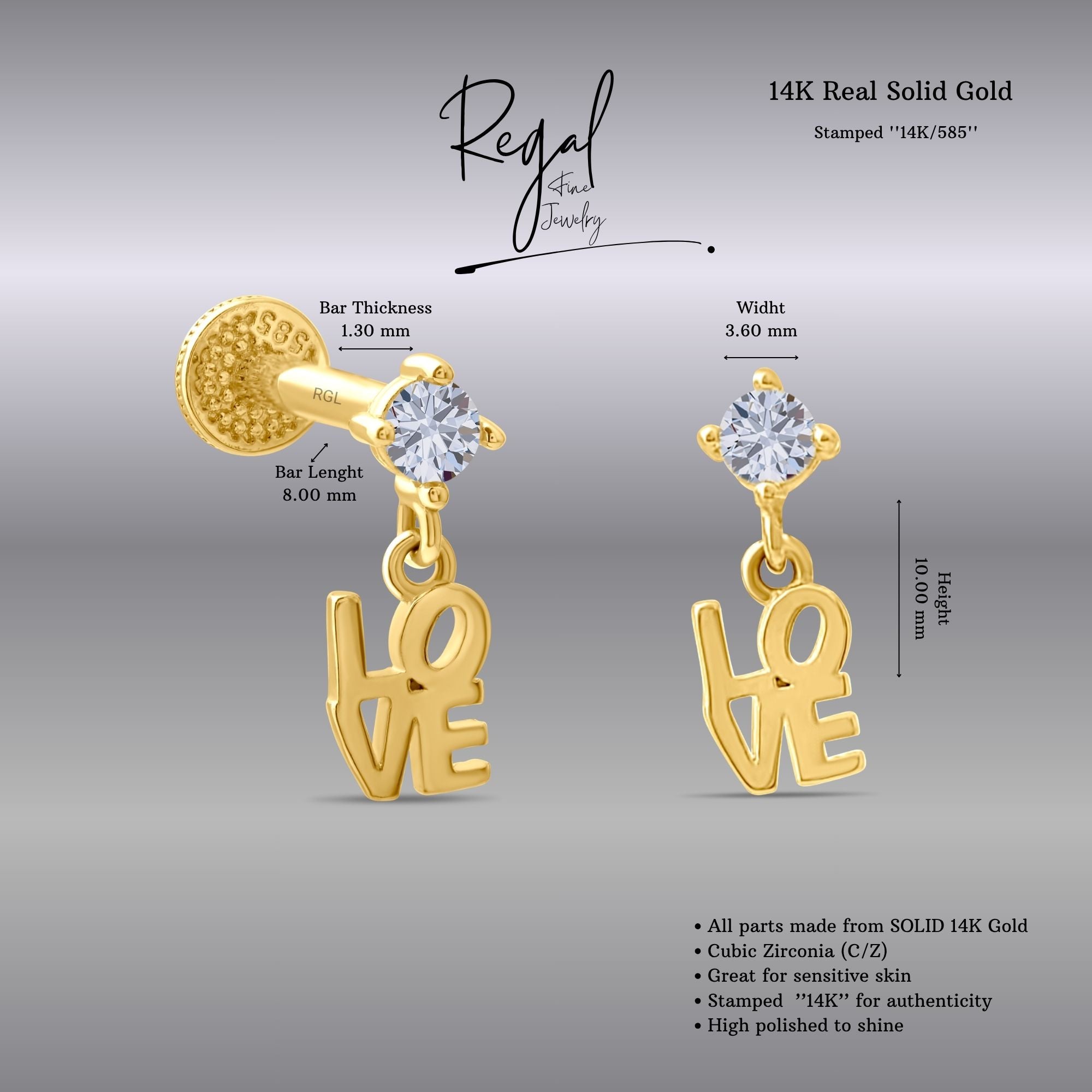 Gold 'LOVE' Piercing with clear CZ on a gray background, featuring Regal Fine Jewelry branding.
