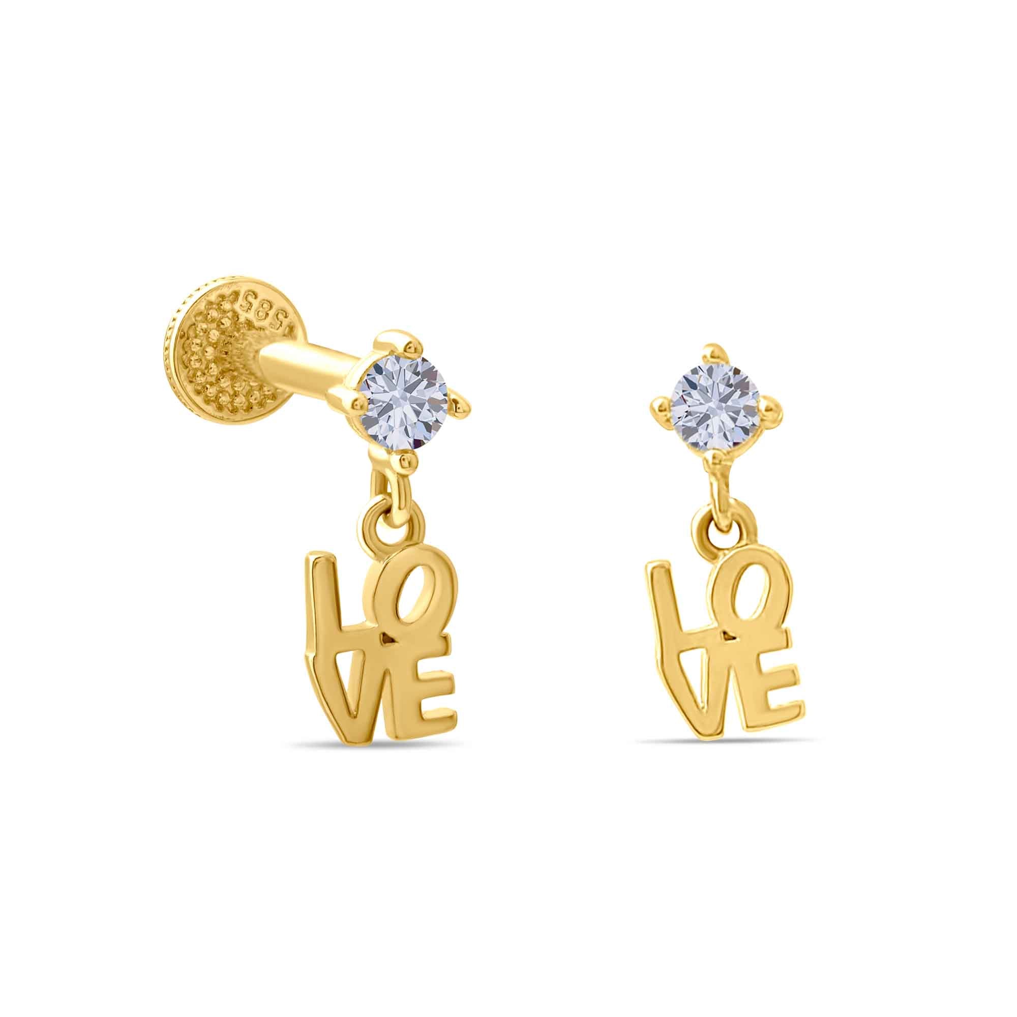 14k Gold Piercing with 'LOVE' letters and clear CZ on a white background