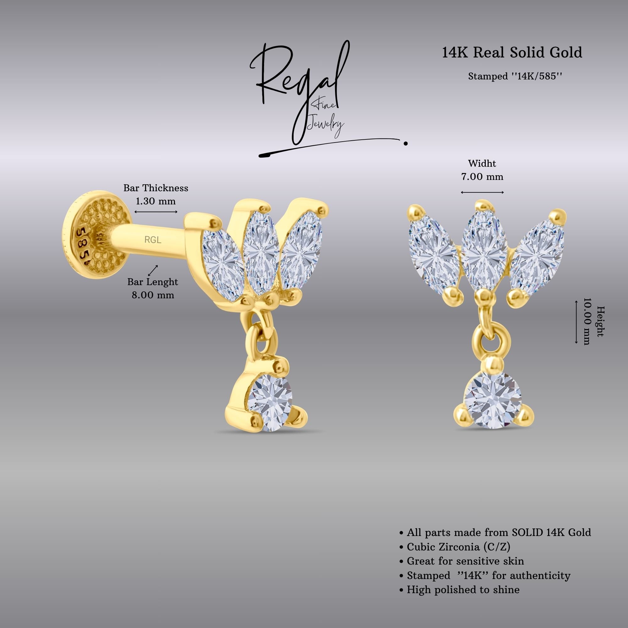 14k Gold Marquise Dangle Tragus Piercing background, featuring 'Regal Fine Jewelry' branding.
