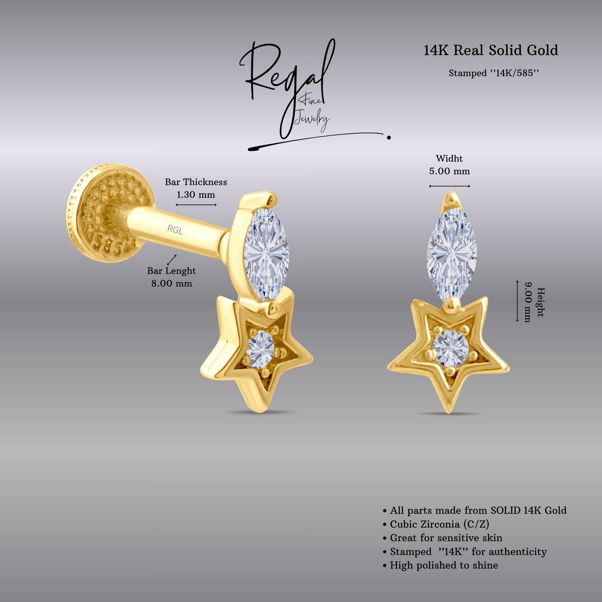 Gold star-shaped Piercing with clear CZ stones on a gray background, featuring Regal Fine jewelry branding.