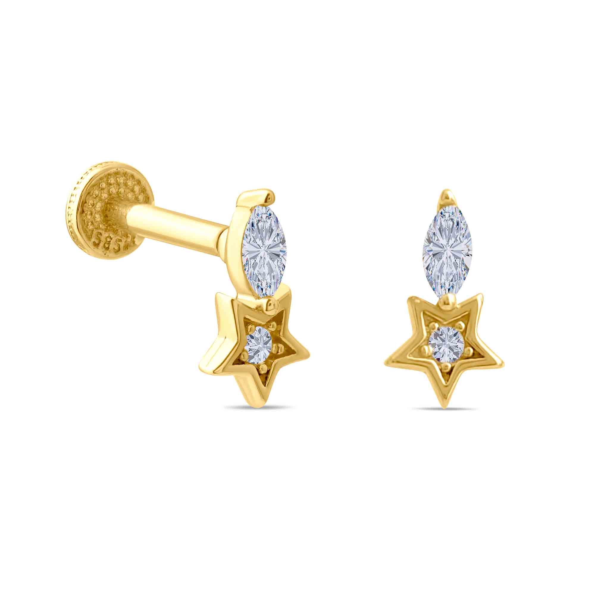 14k Gold star-shaped Piercing with clear CZ on a white background