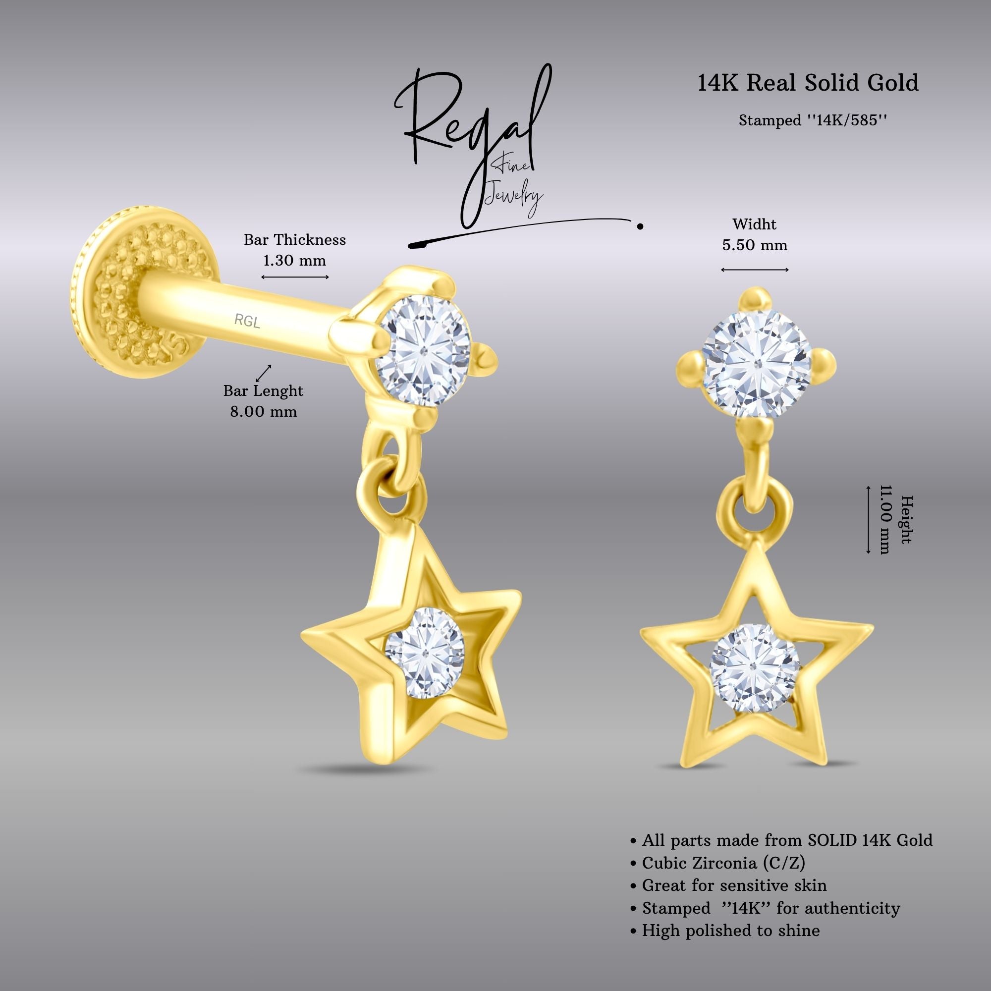 14k Gold star piercings with clear stones on a gray background, featuring 'Regal Fine jewelry branding.
