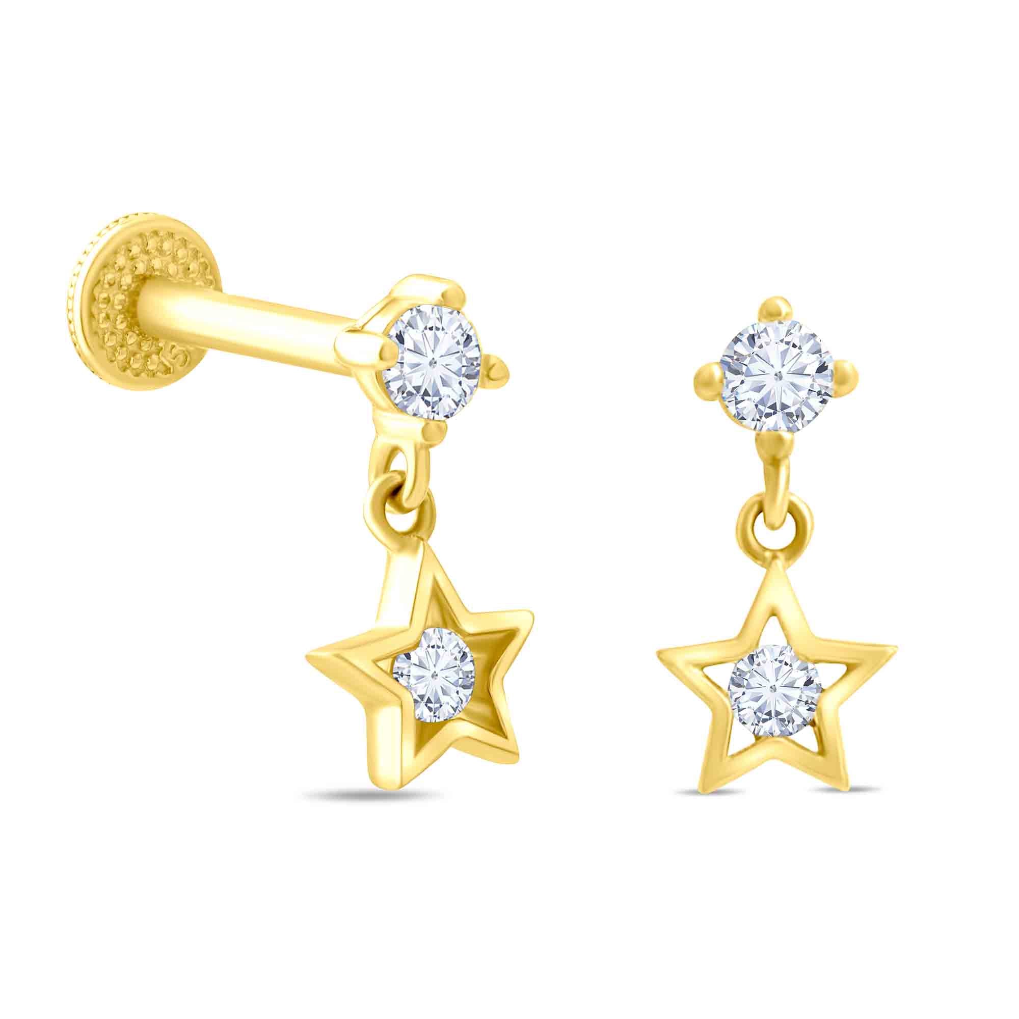 14k Gold star-shaped piercing with clear cubic zirconia on a white background
