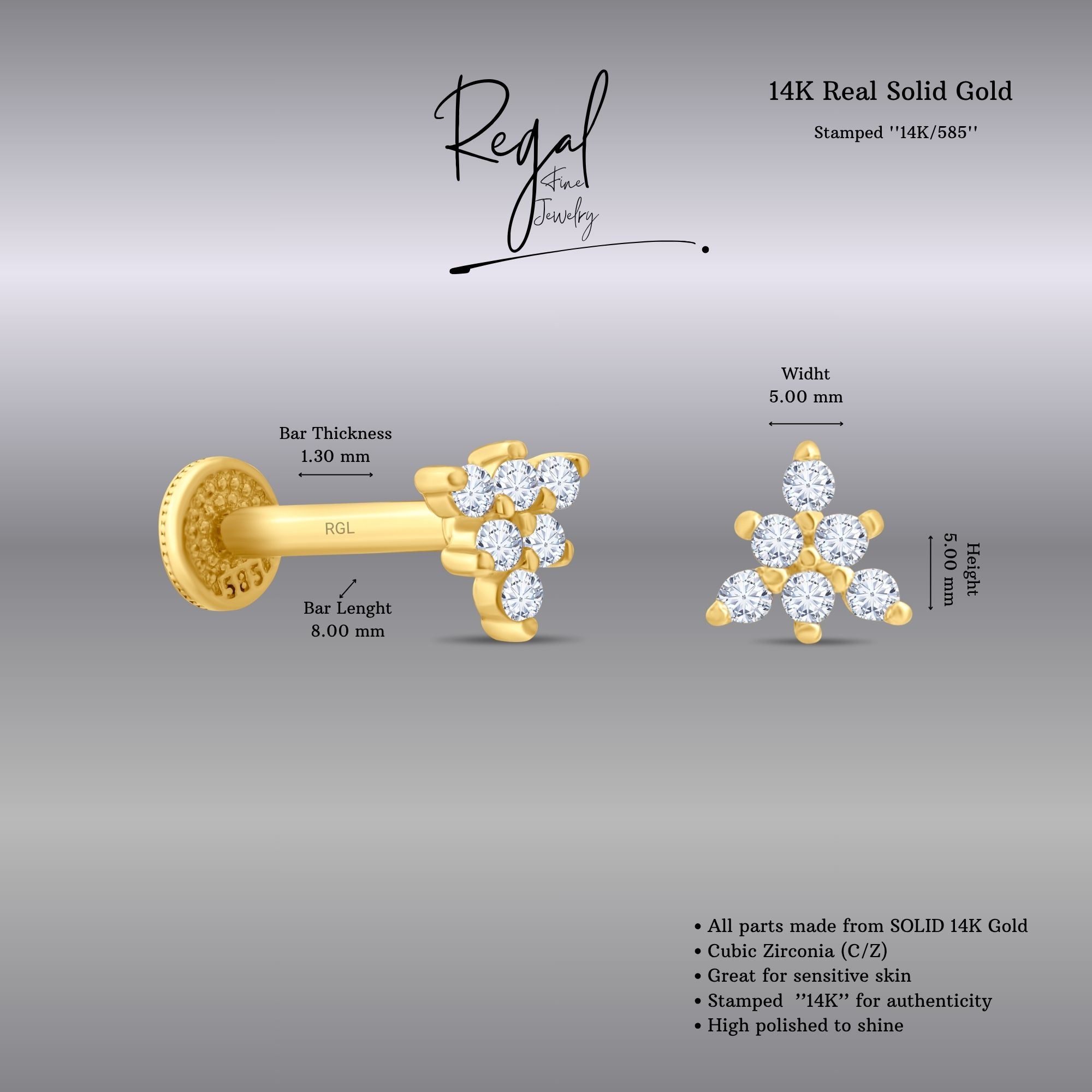 14K Solid Gold Floral Triangle CZ Cluster Piercing gray background, featuring 'Regal Fine Jewelry' jewelry branding.