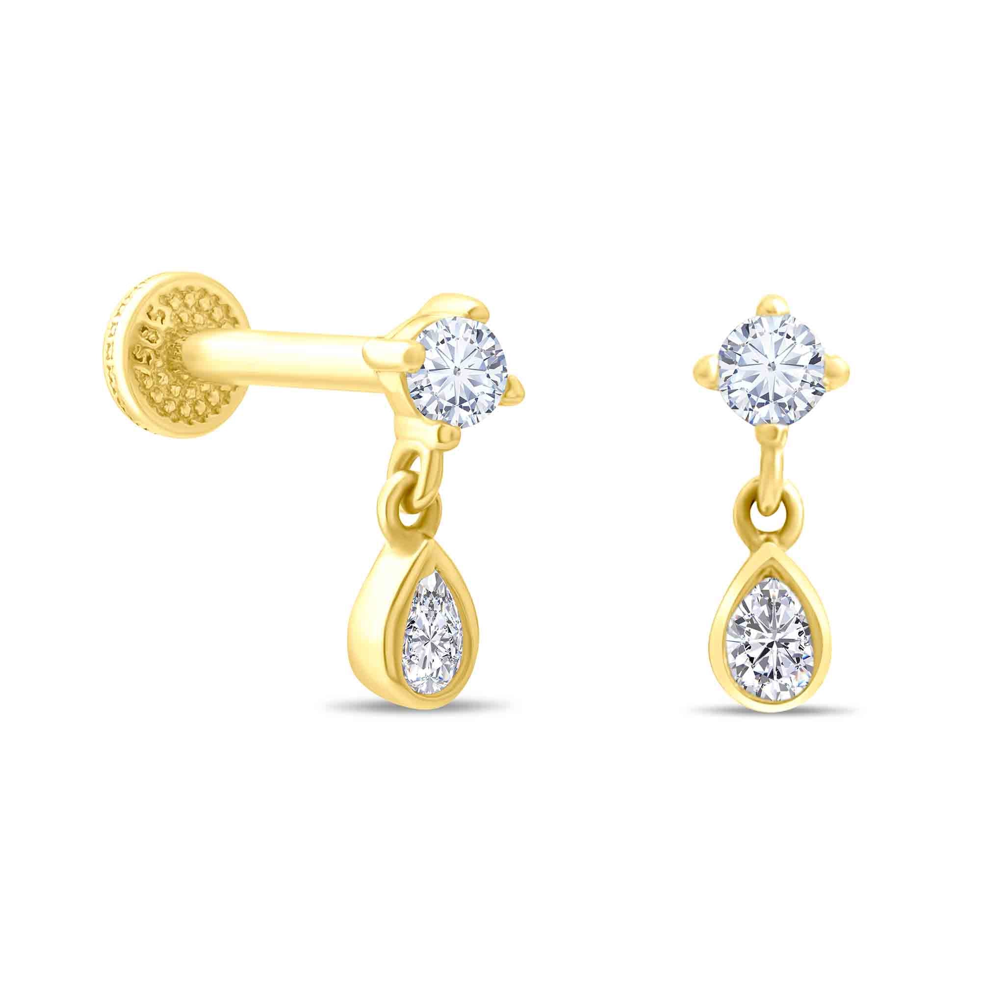 14k Gold piercings with clear CZ gemstones on a white background