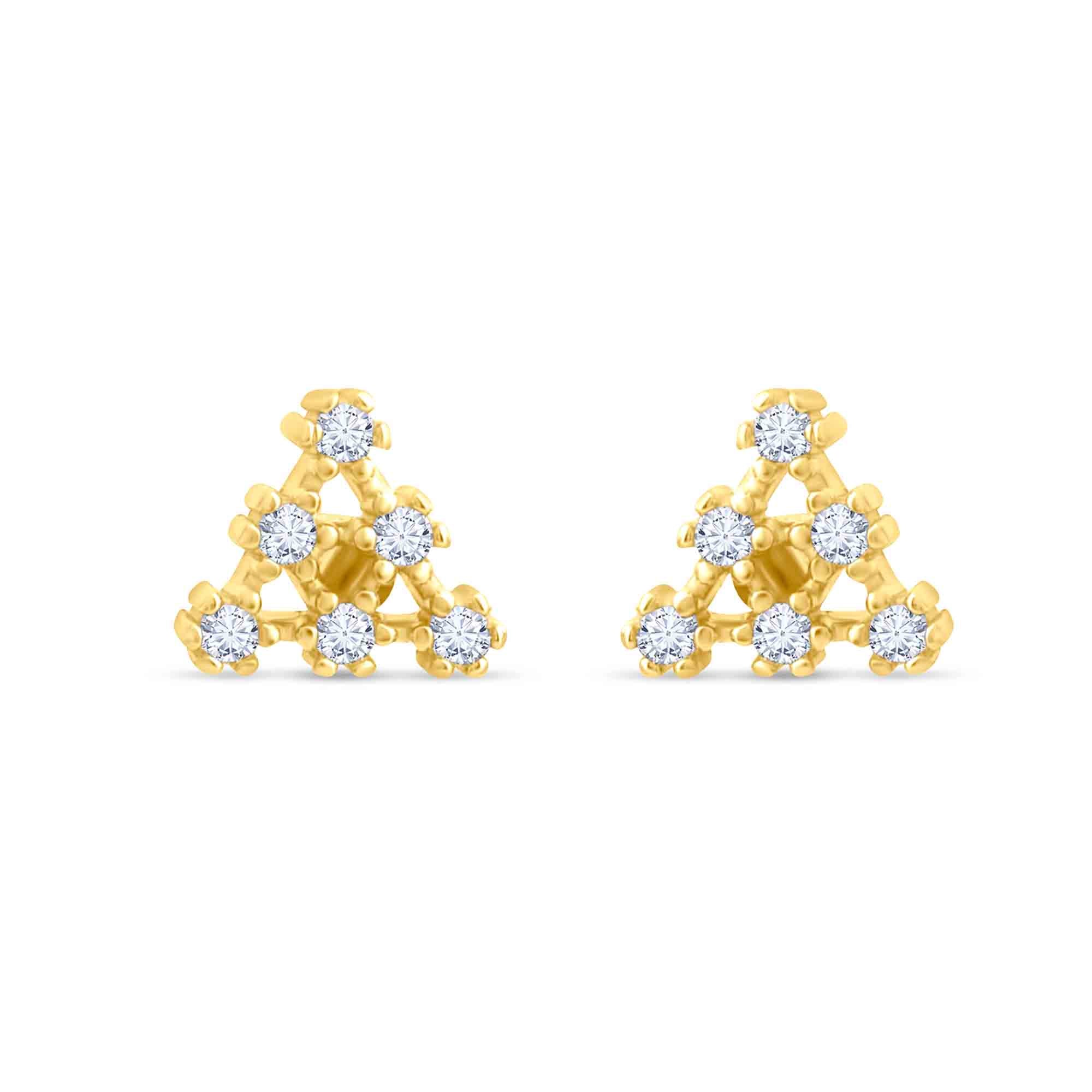 14K solid gold triangle CZ cluster tragus piercing with clear CZ gemstones on a white background
