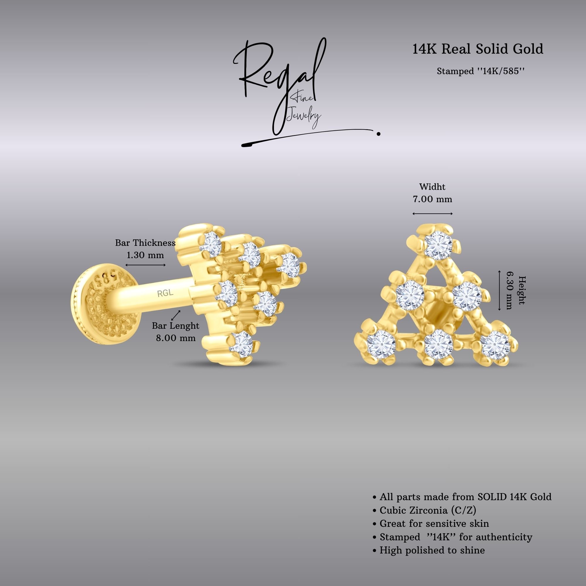 14K solid gold triangle CZ cluster tragus piercing on a gray background, featuring 'Regal Fine Jewelry' branding.
