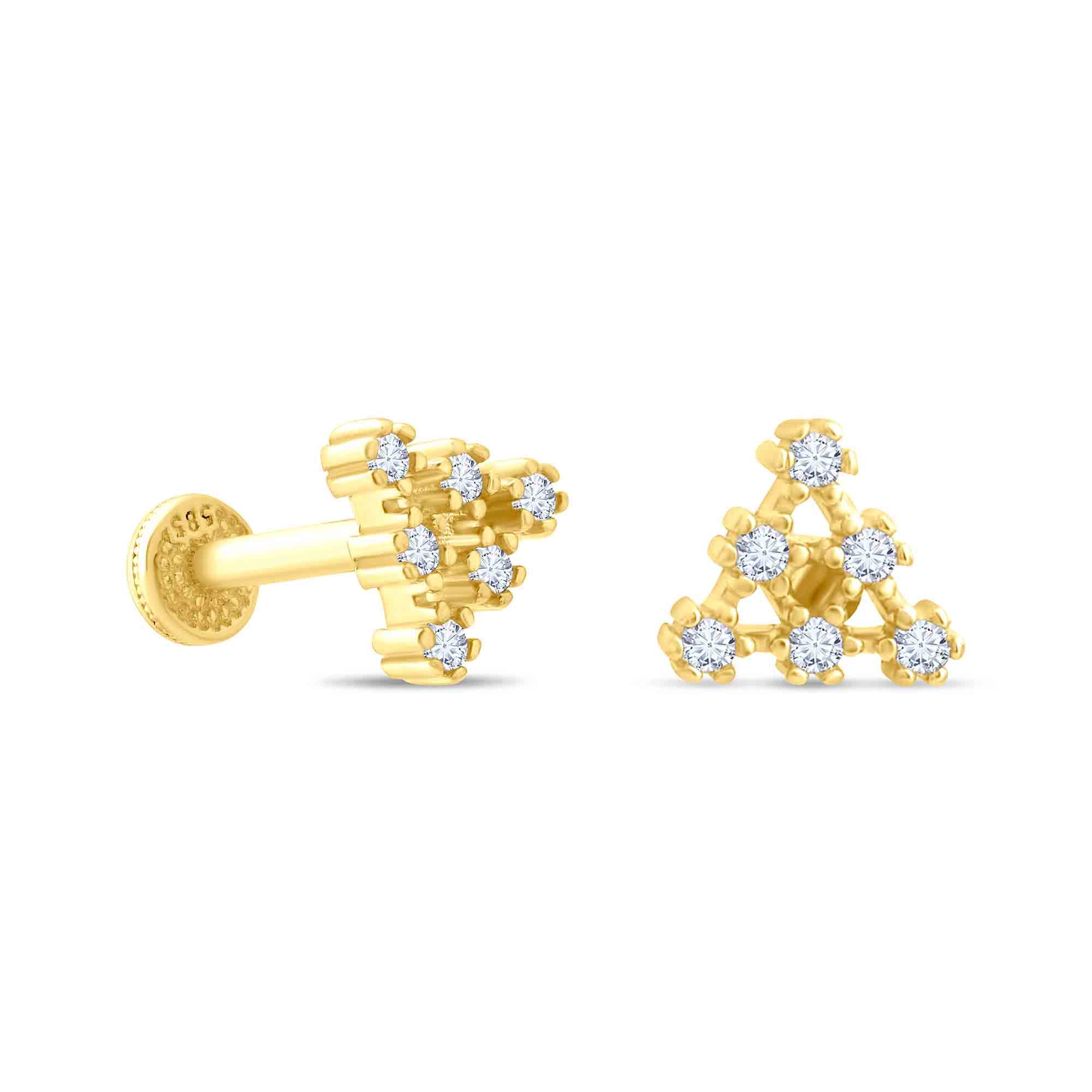 14K solid gold triangle CZ cluster tragus piercing on a white background