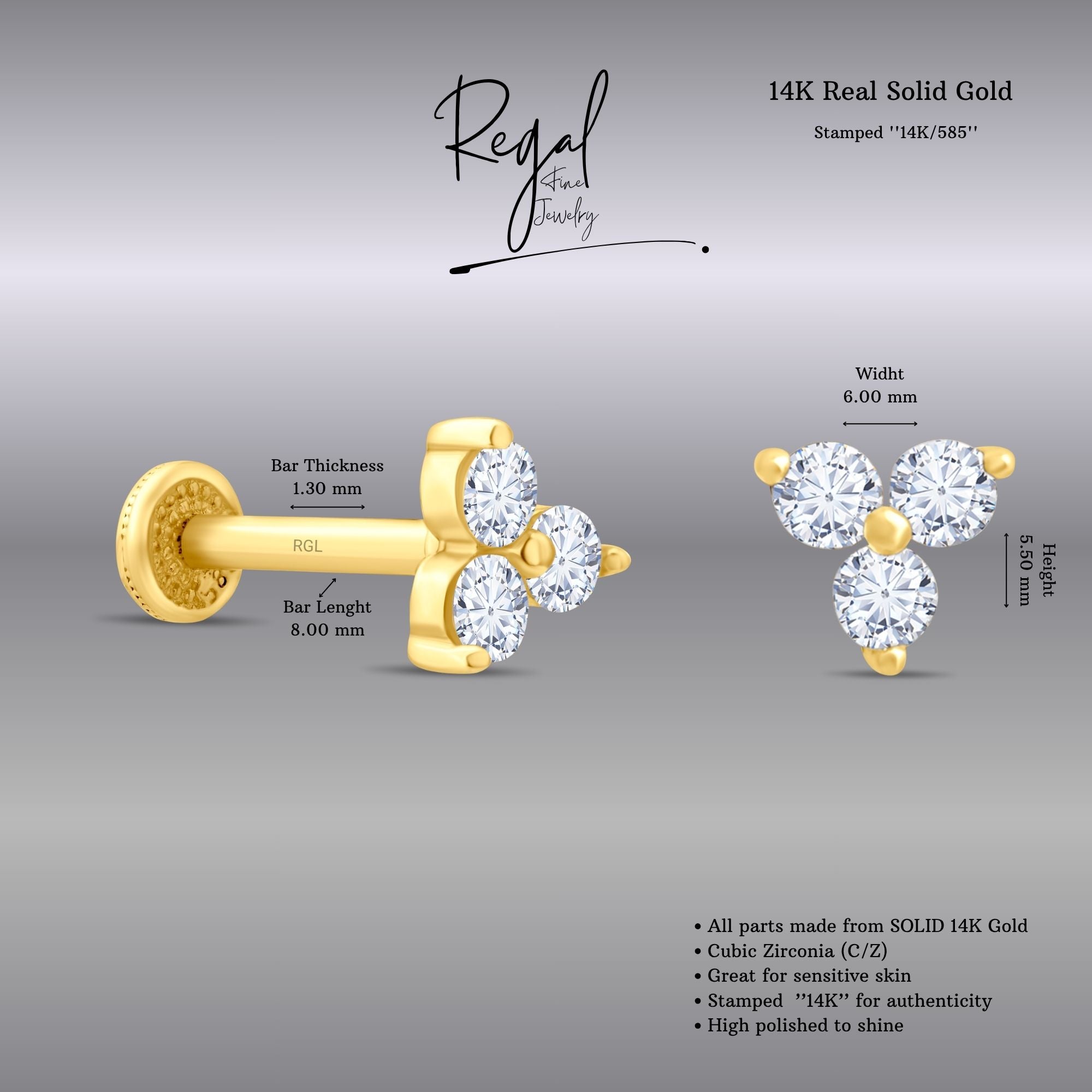 14K solid gold trinity cluster piercings clear cz stones on a gray background, featuring 'Regal Fine Jewelry' branding.