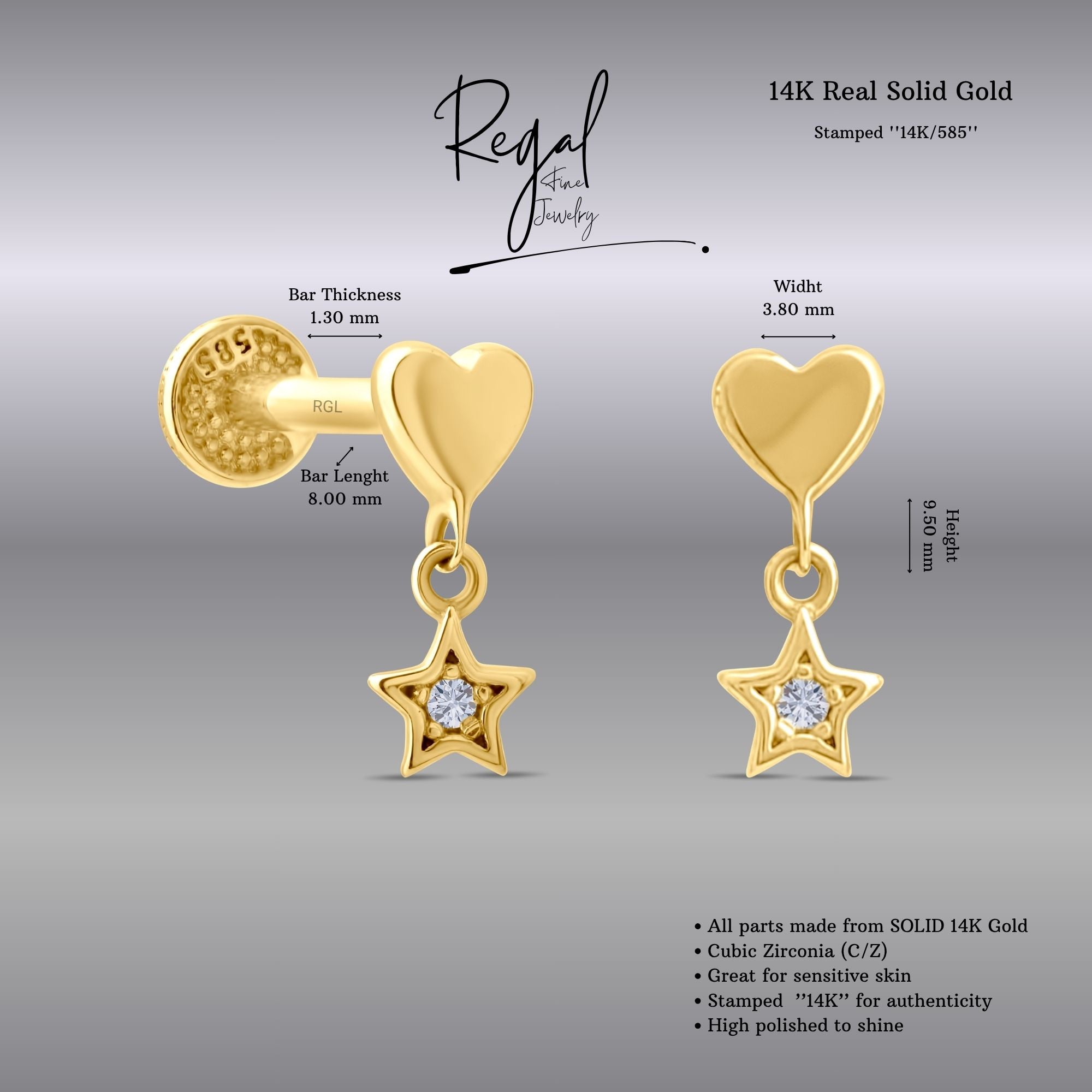 Gold heart and star Piercing with measurements on a gray background, featuring the brand 'Regal Fine Jewelry'.