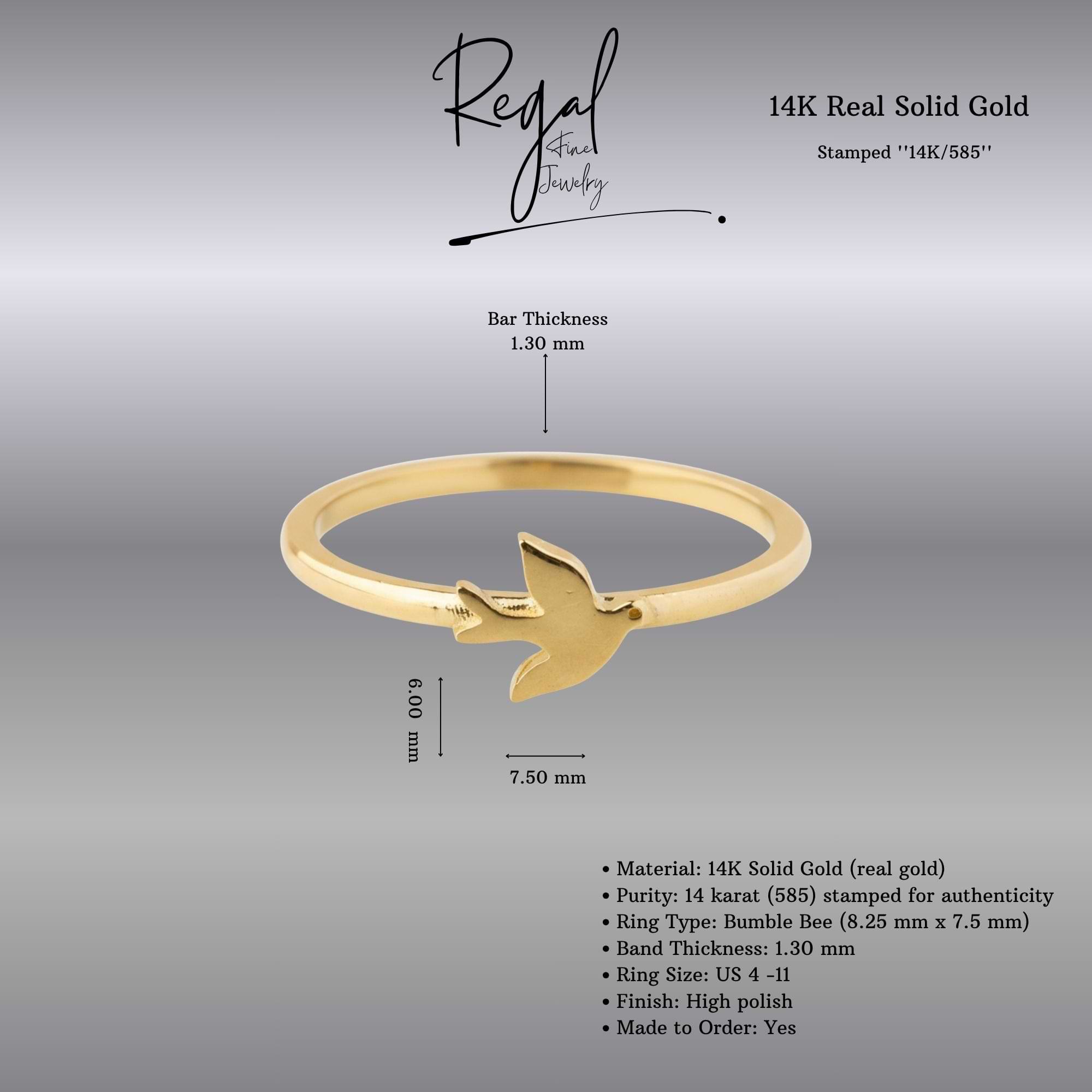 14K Solid Gold Dove Bird Ring