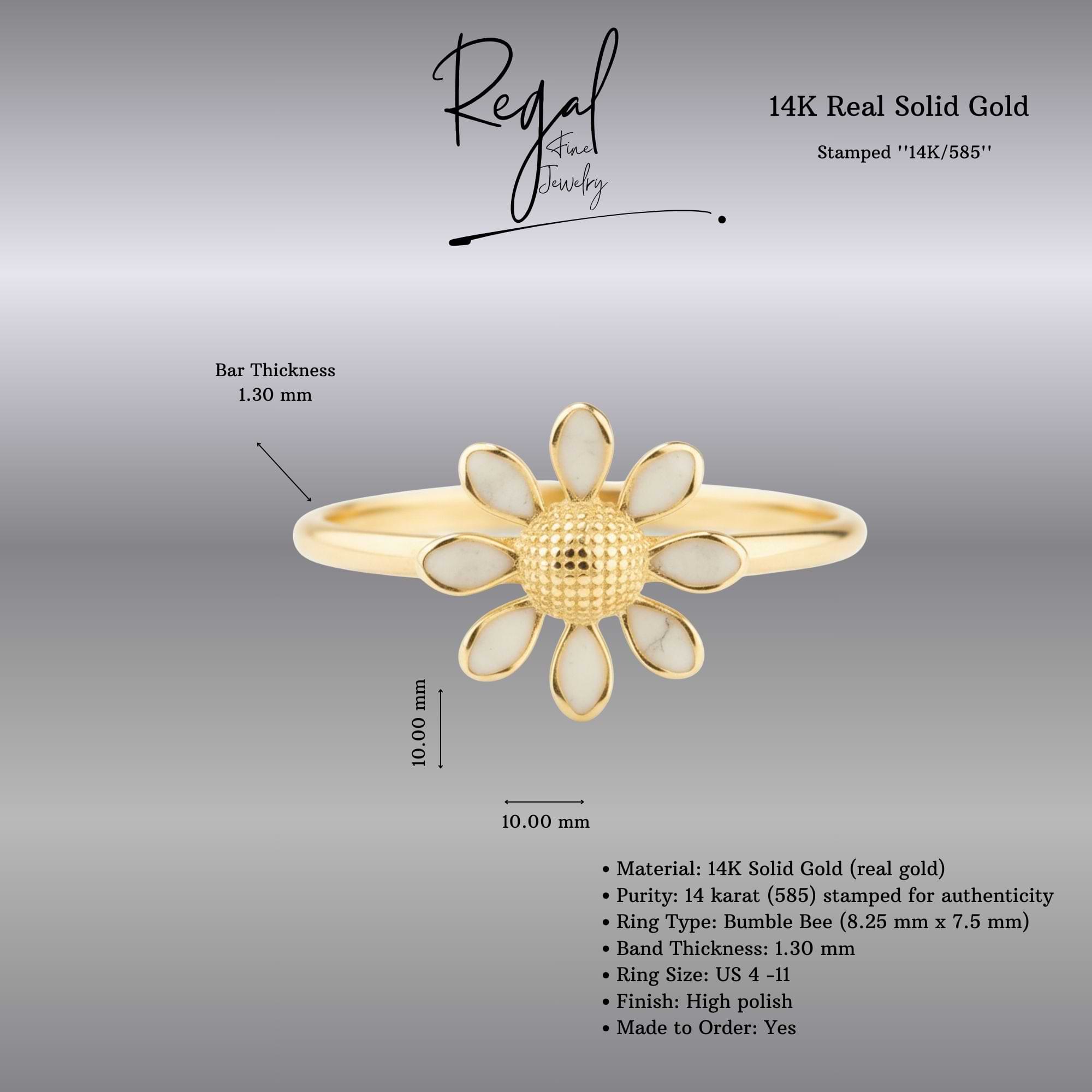 14K Gold White Daisy Flower Ring