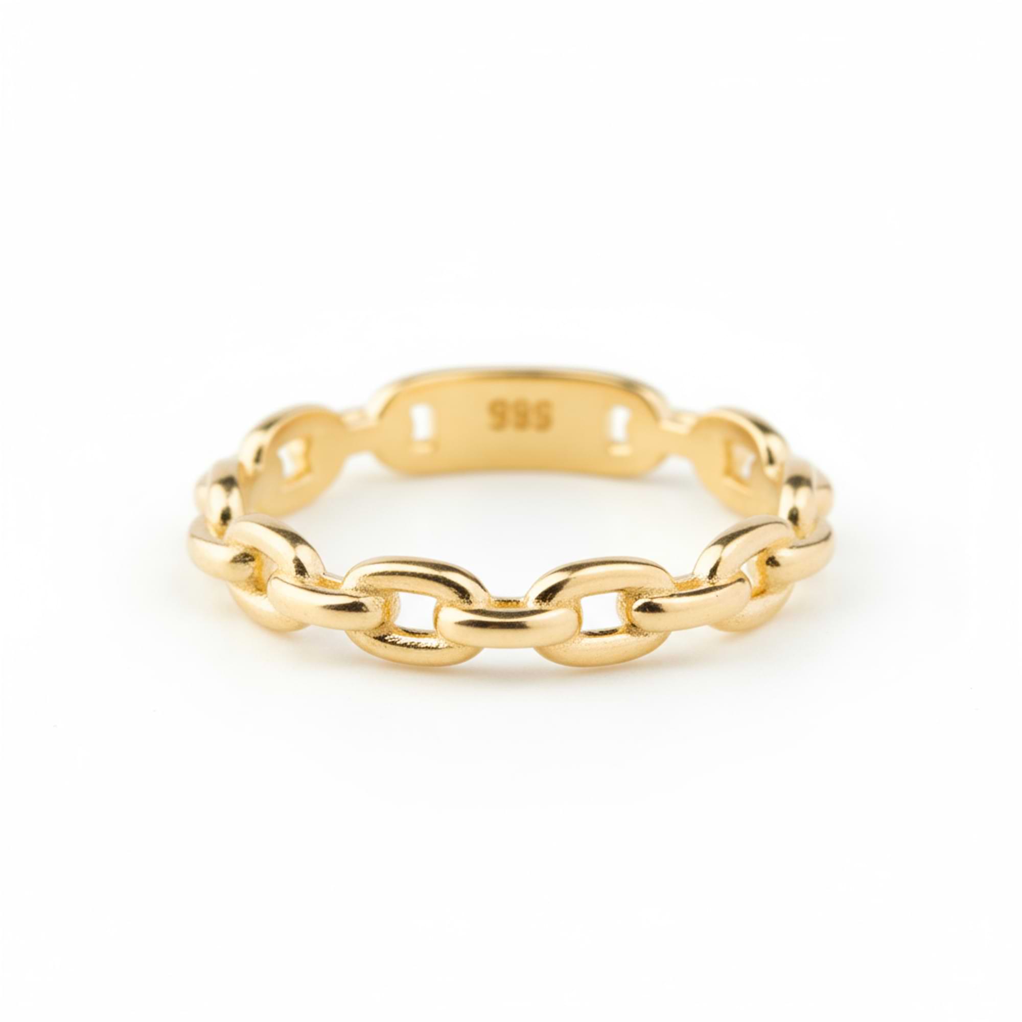 14k Gold chain-link ring on a white background