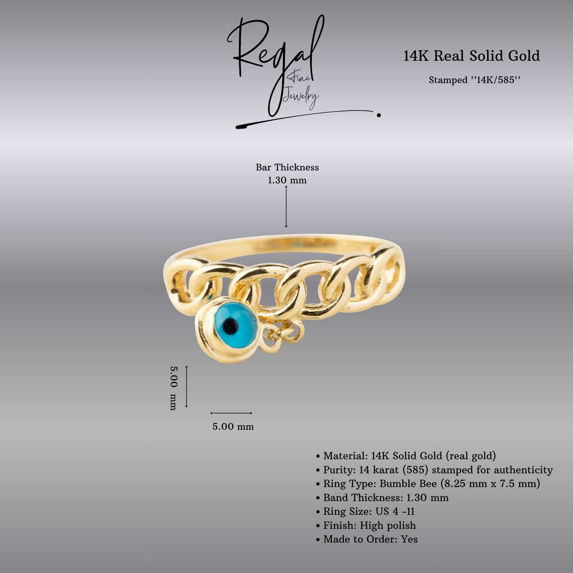 14K Solid Gold Chain Link Ring with Evil Eye Charm