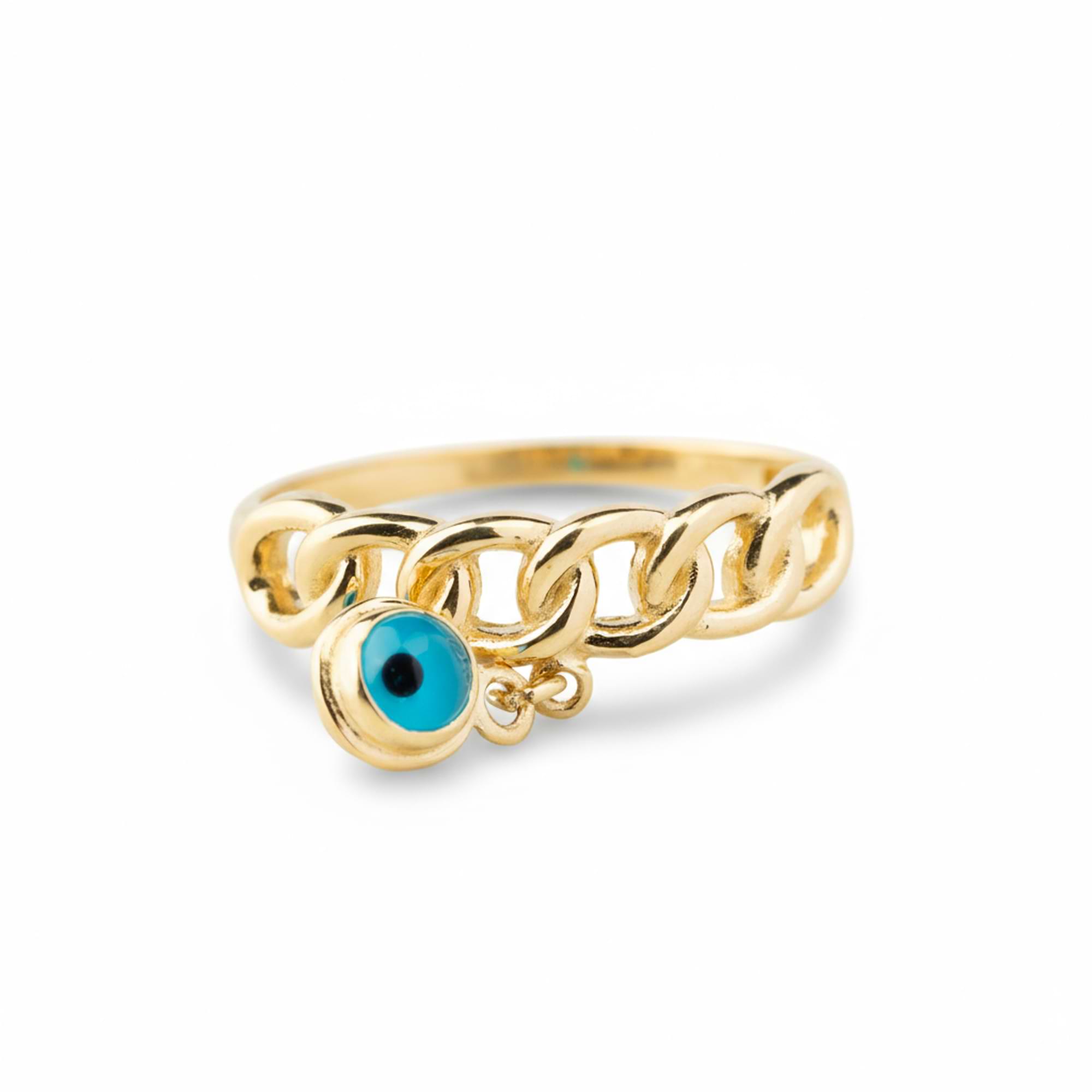 14k Gold chain ring with a blue eye charm on a white background