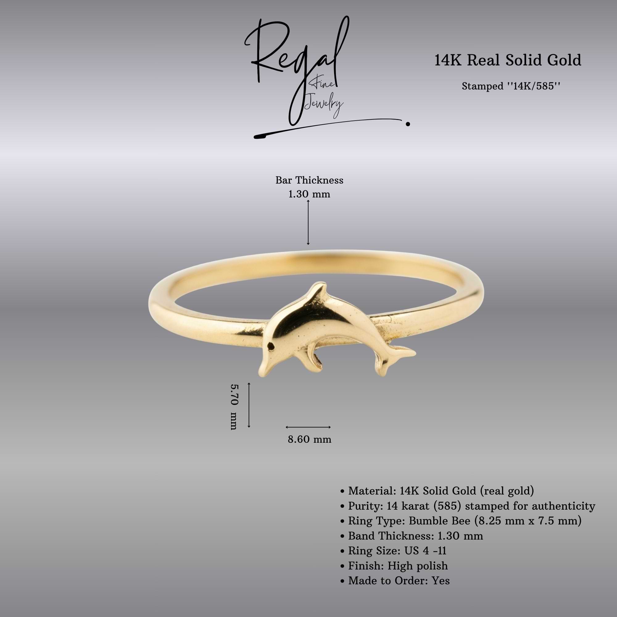 14K Solid Gold Dolphin Ring