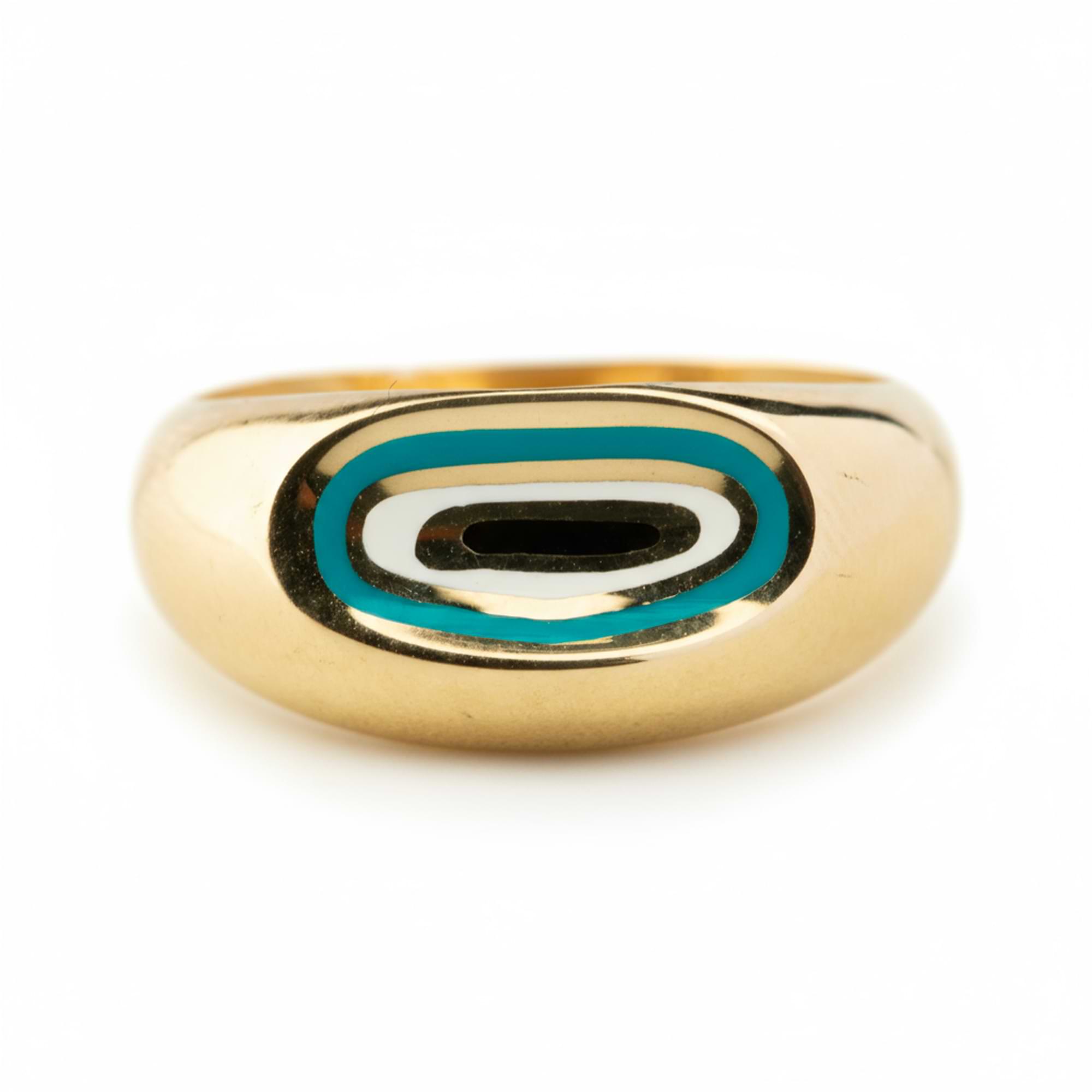 14k Gold ring with concentric oval design on a white background