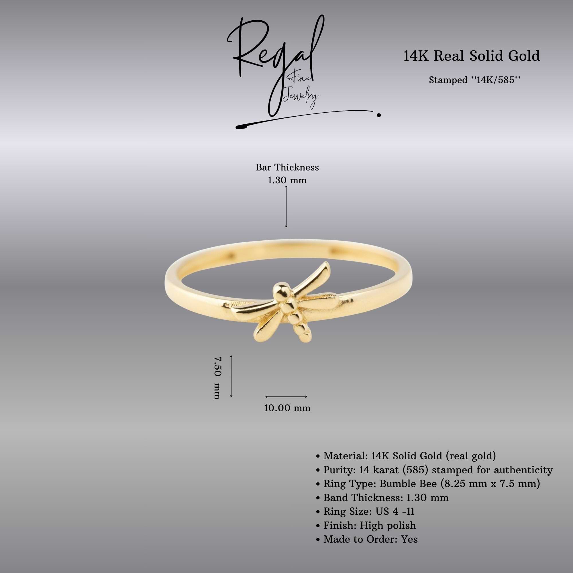 14K Solid Gold Dragonfly Ring