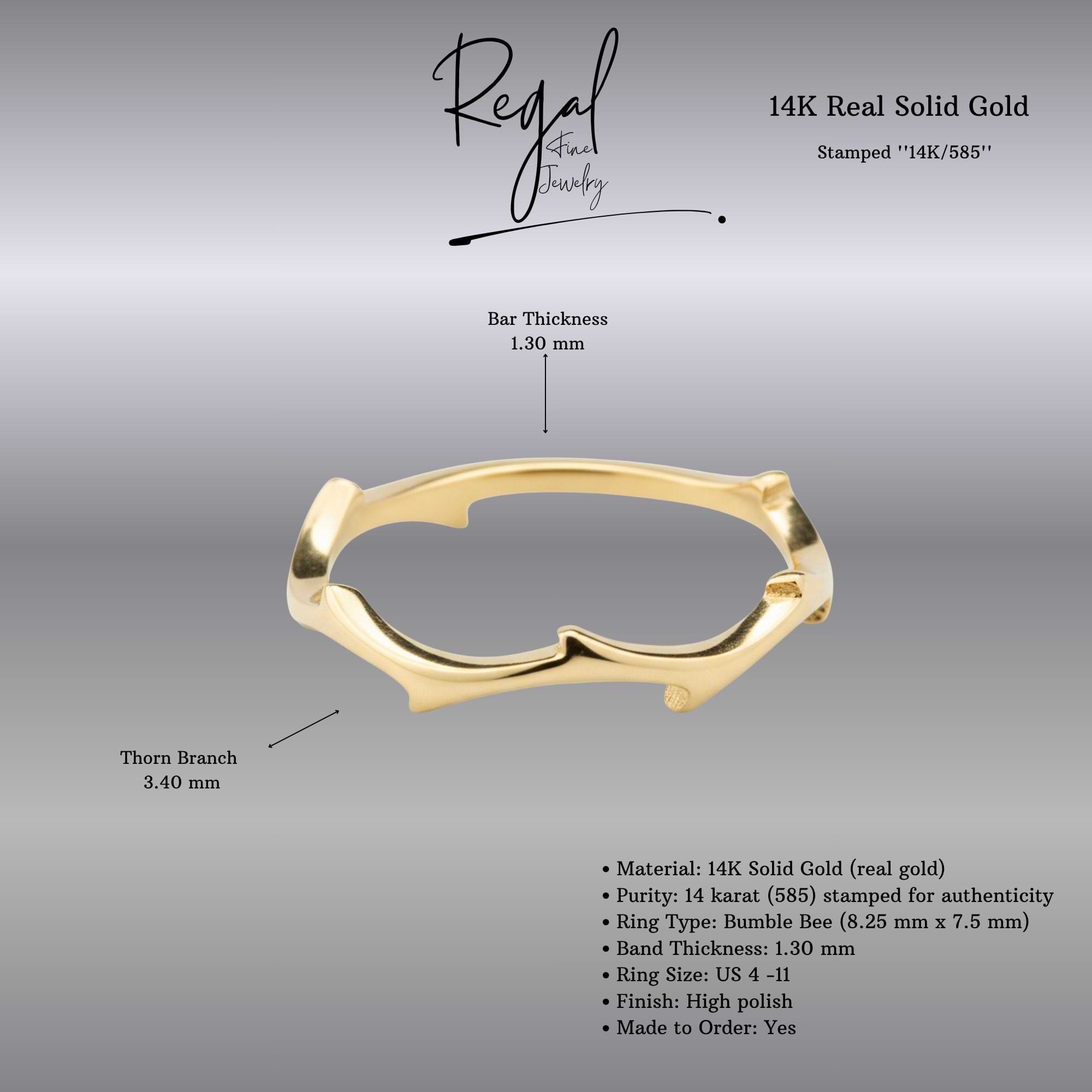 14K Solid Gold Thorn Branch Ring