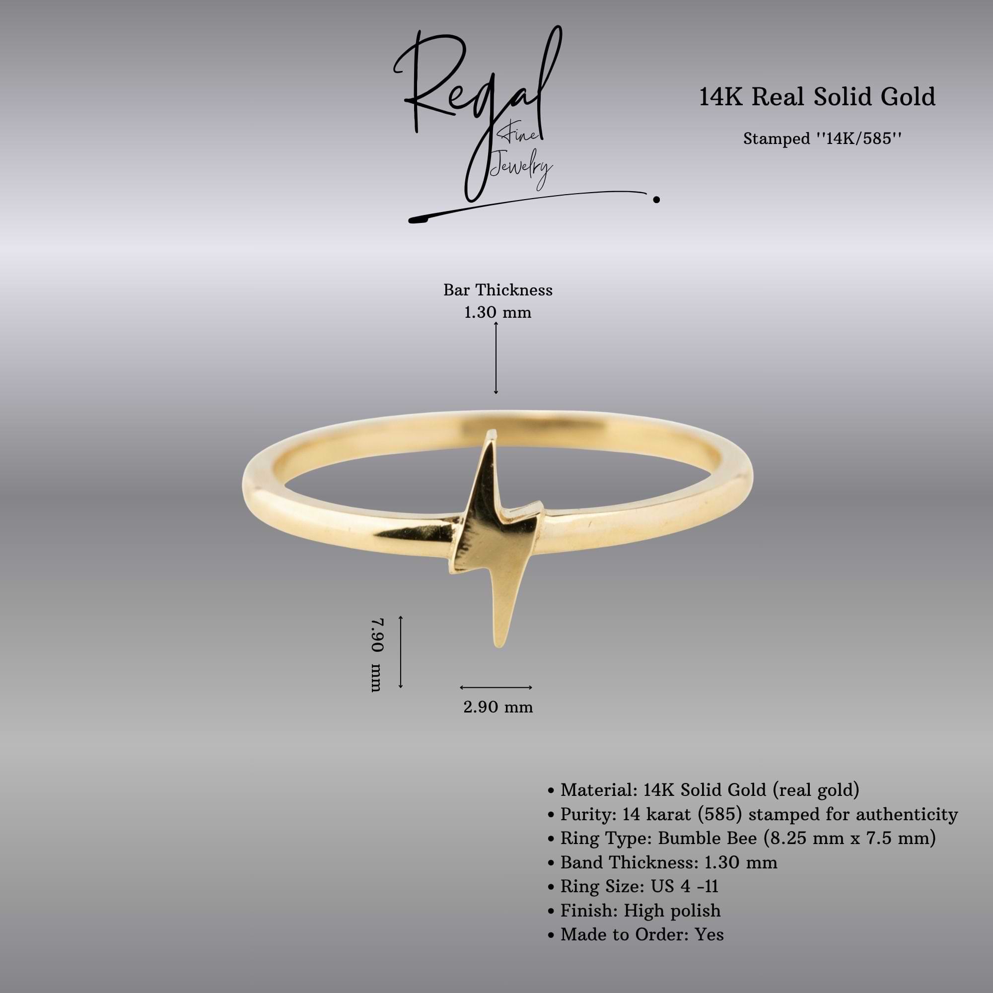 14K Solid Gold Lightning Bolt Ring
