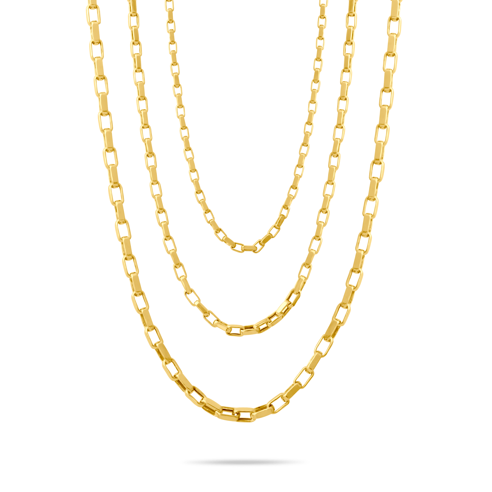 Three 14k gold cable chains stacked on a transparent background