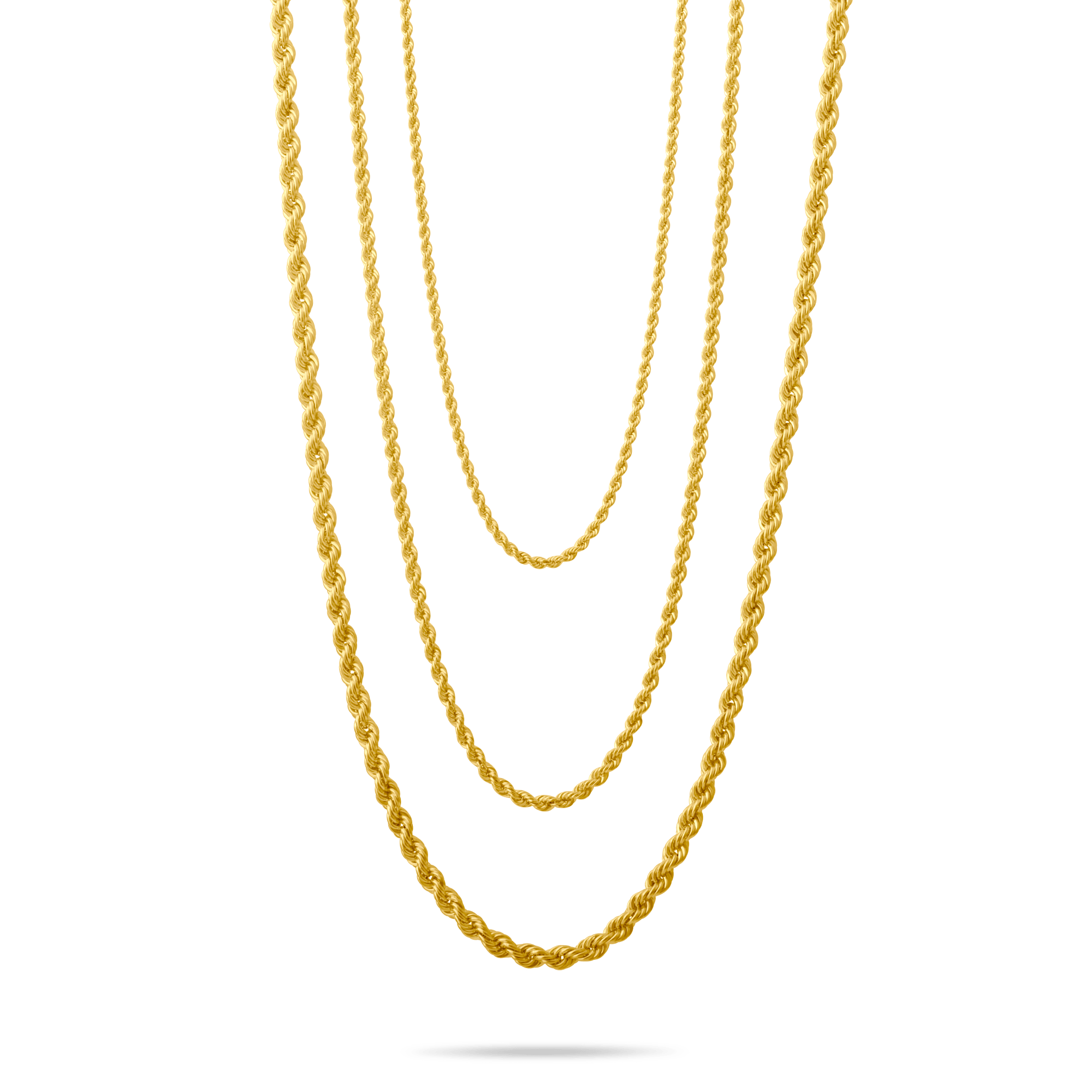 Three gold rope chains on a transparent background