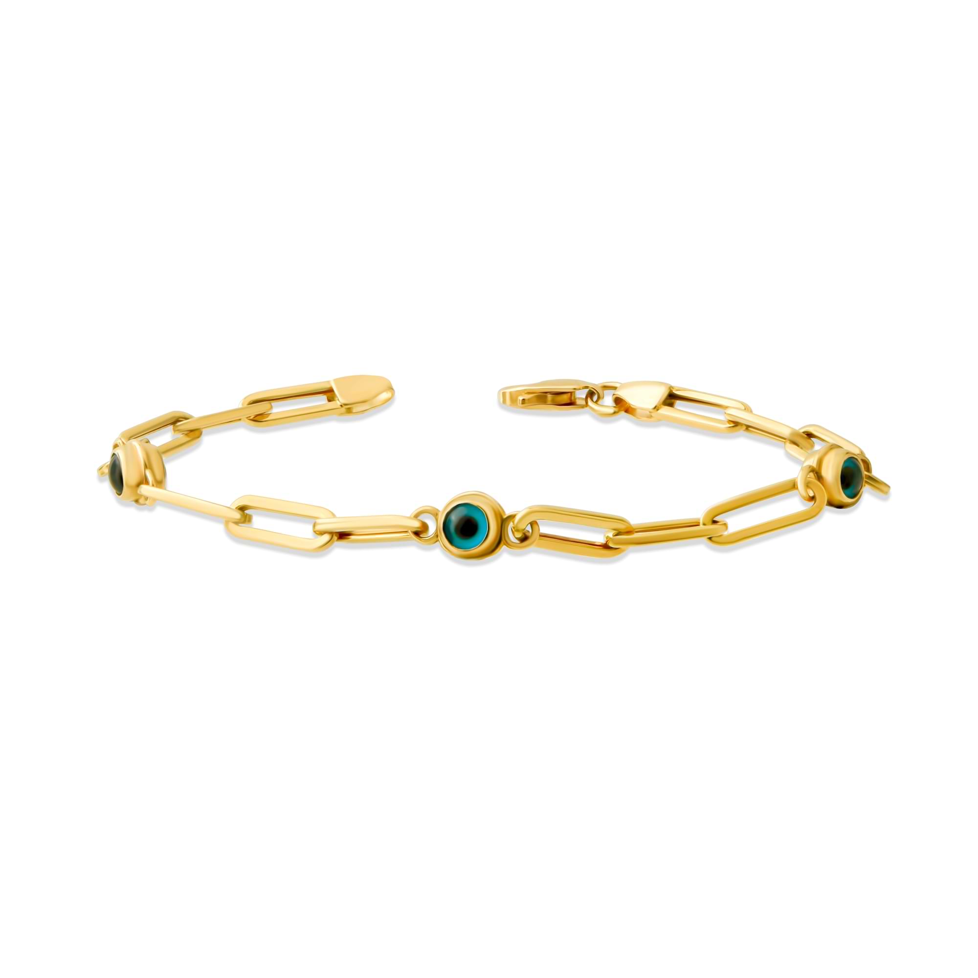 paperclip evil eye charm bracelet on white background