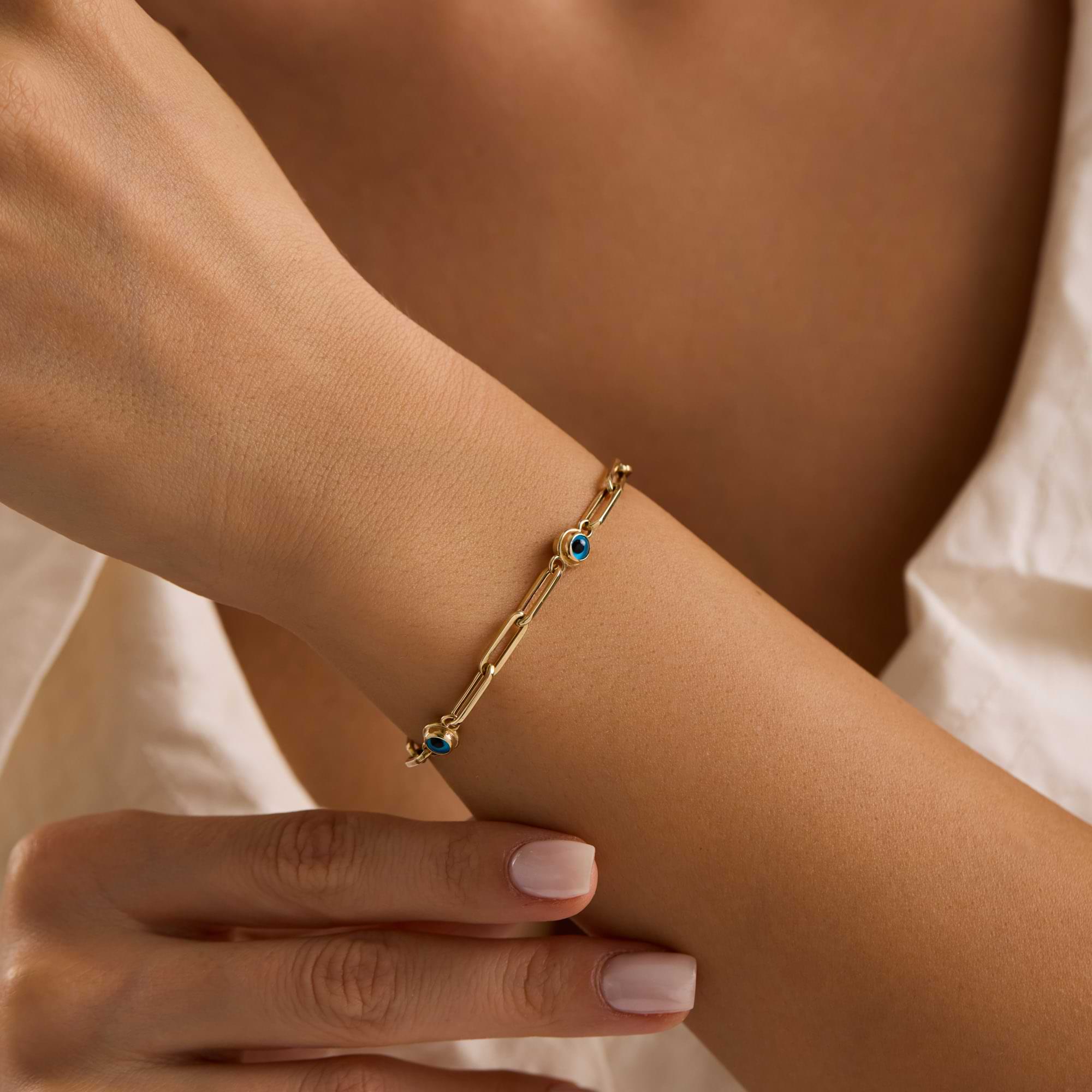 14K Gold Paperclip Evil Eye Charm Bracelet – 4 mm, 6-7.5 in