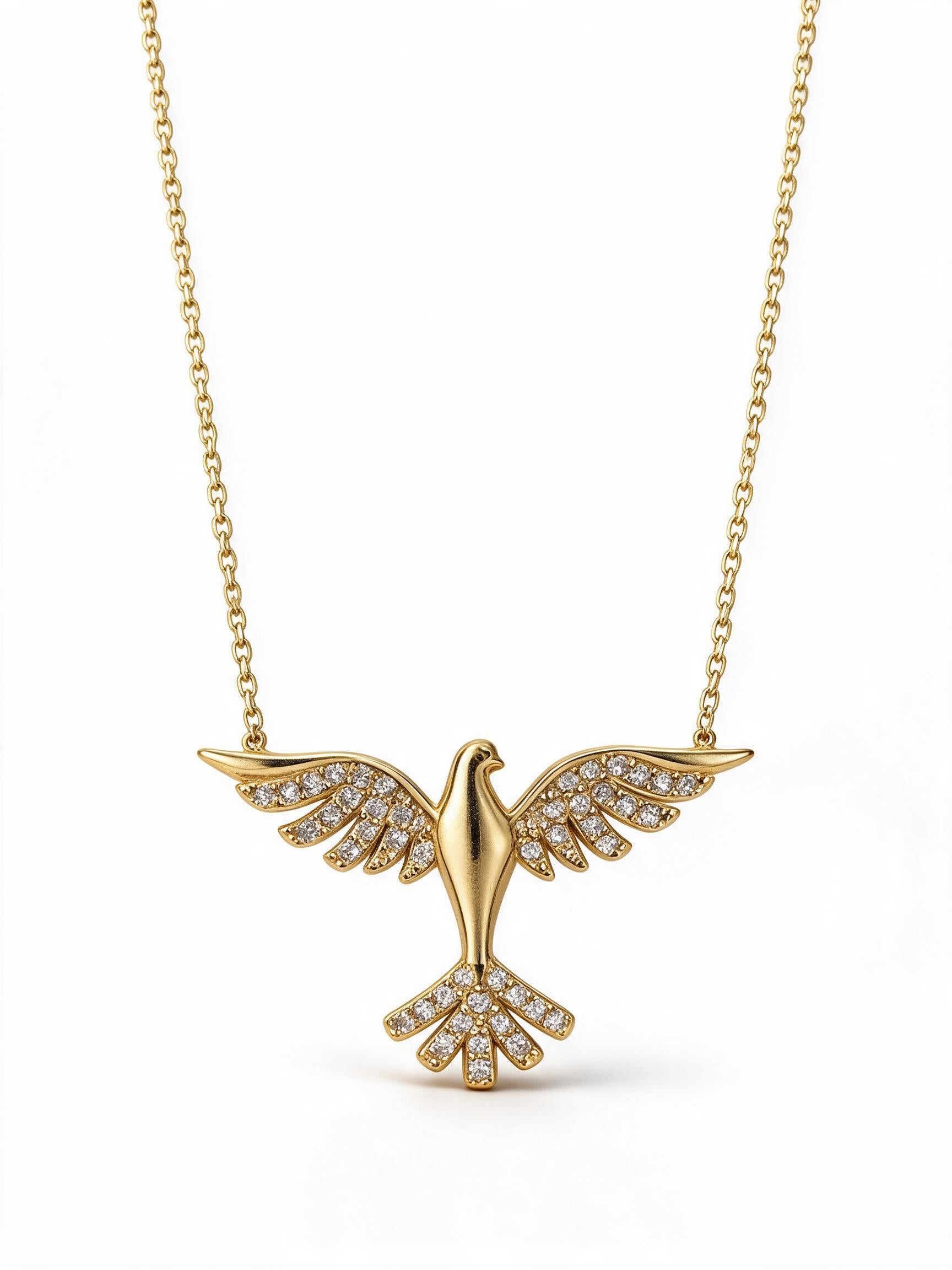 14k gold phoenix pendant necklace adorned with small clear pavé stones, suspended from a delicate gold chain against a clean white background.