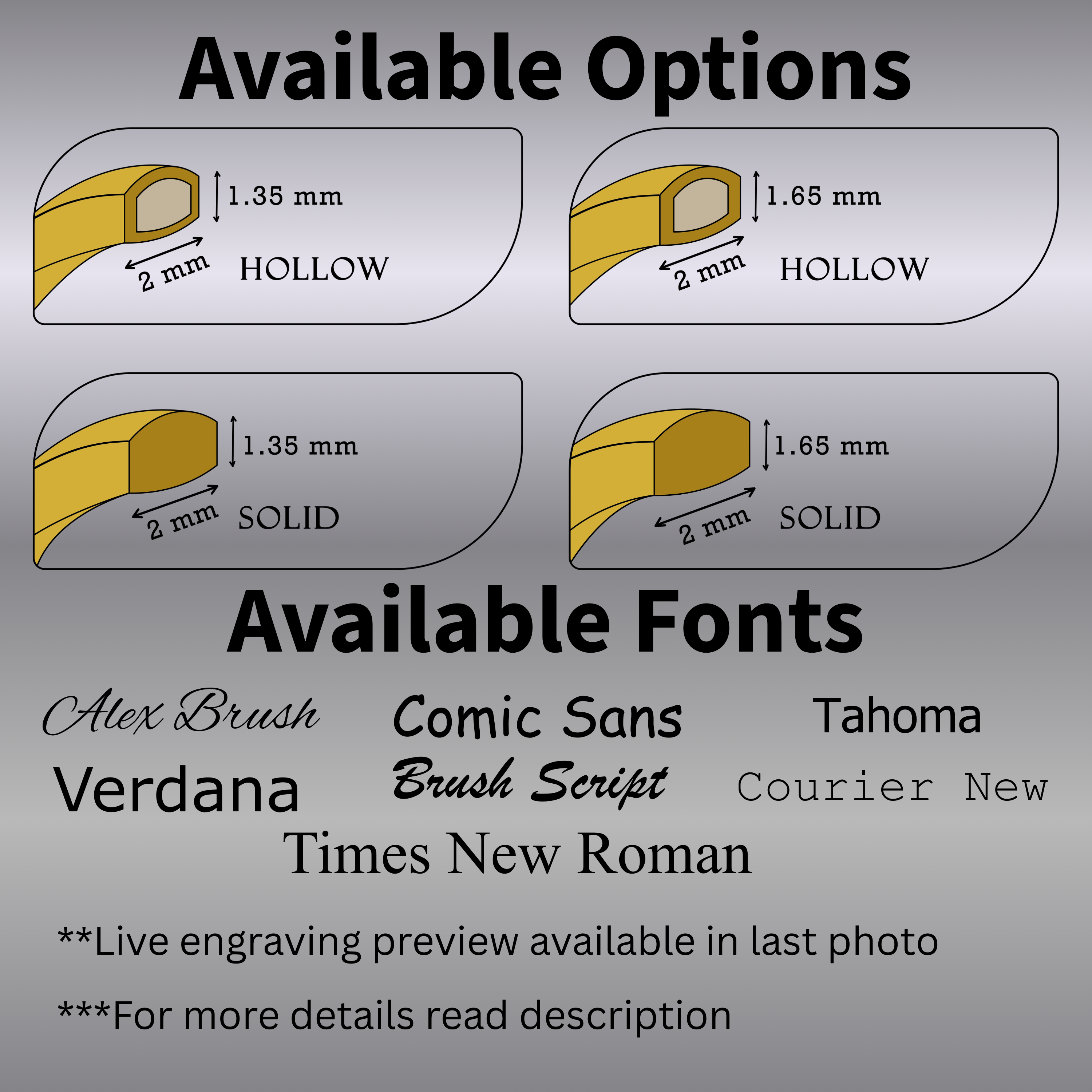 Diagram of 2mm solid gold wedding band options—hollow and solid profiles in two heights—with engraving font choices (Alex Brush, Comic Sans, Verdana, Brush Script, Times New Roman, Tahoma, Courier New) and note to read description.