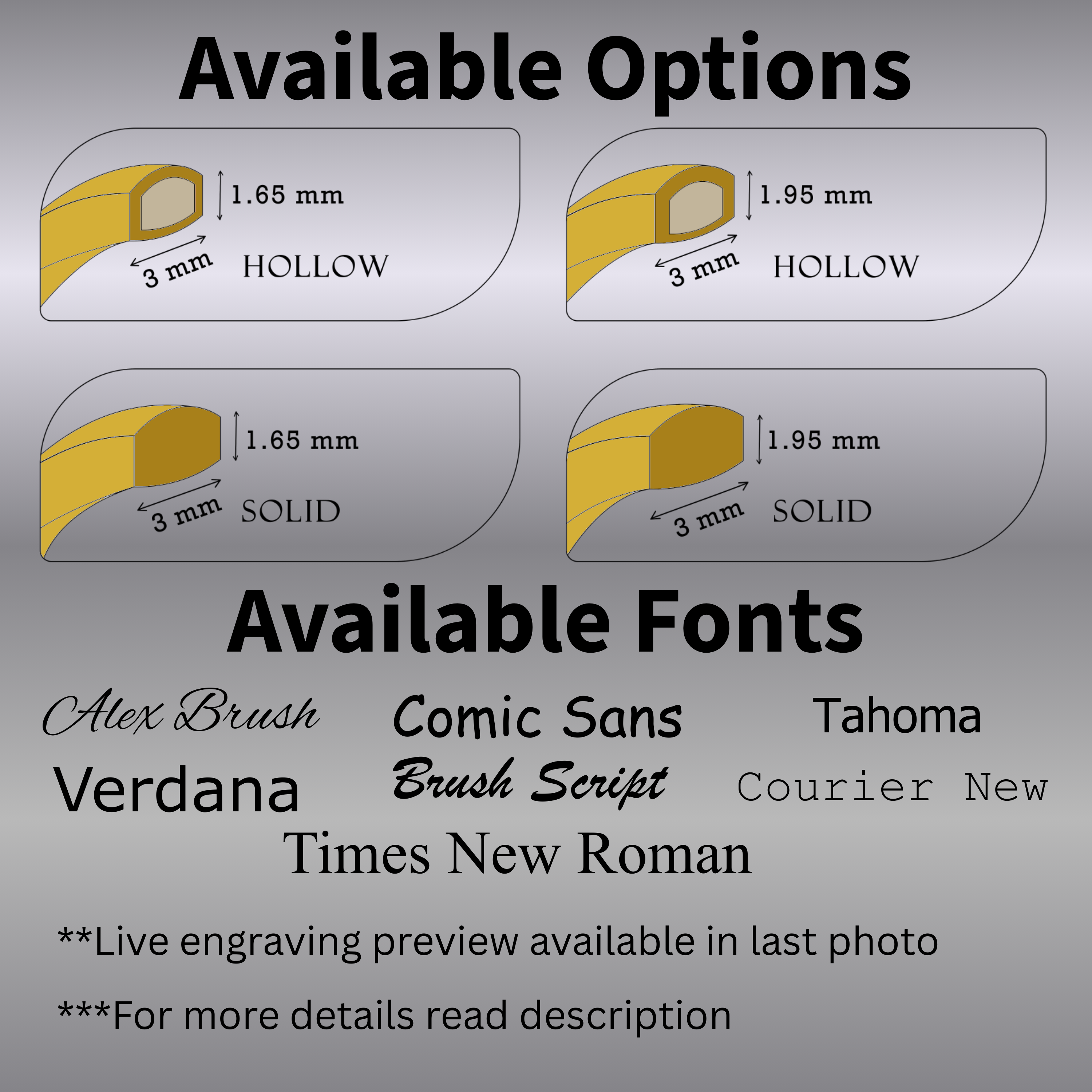 Diagram of 3mm solid gold wedding band options—hollow and solid profiles in two heights—with engraving font choices (Alex Brush, Comic Sans, Verdana, Brush Script, Times New Roman, Tahoma, Courier New) and note to read description.
