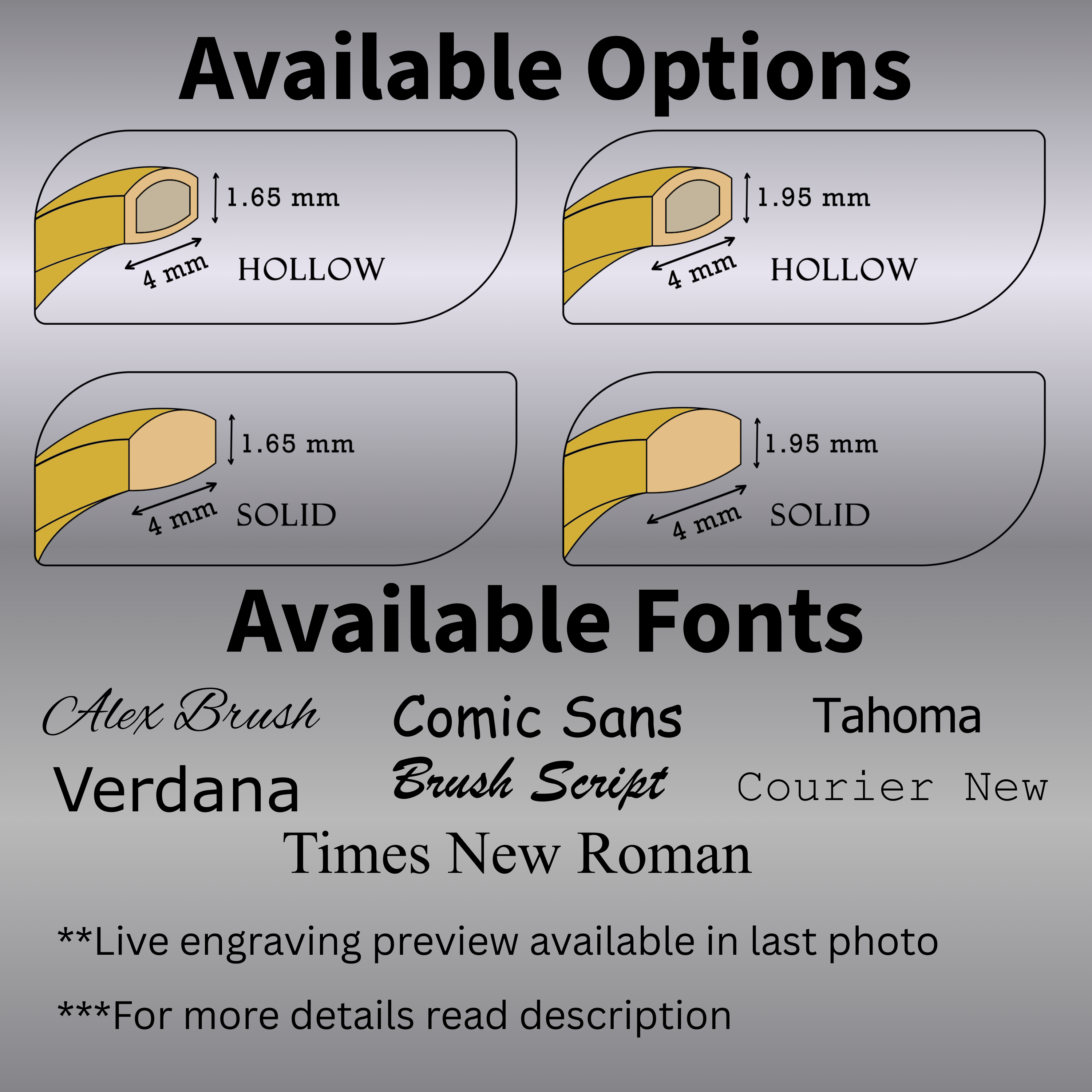 Diagram of 4mm 14k solid gold wedding band options—hollow and solid profiles in two heights—with engraving font choices (Alex Brush, Comic Sans, Verdana, Brush Script, Times New Roman, Tahoma, Courier New) and note to read description.