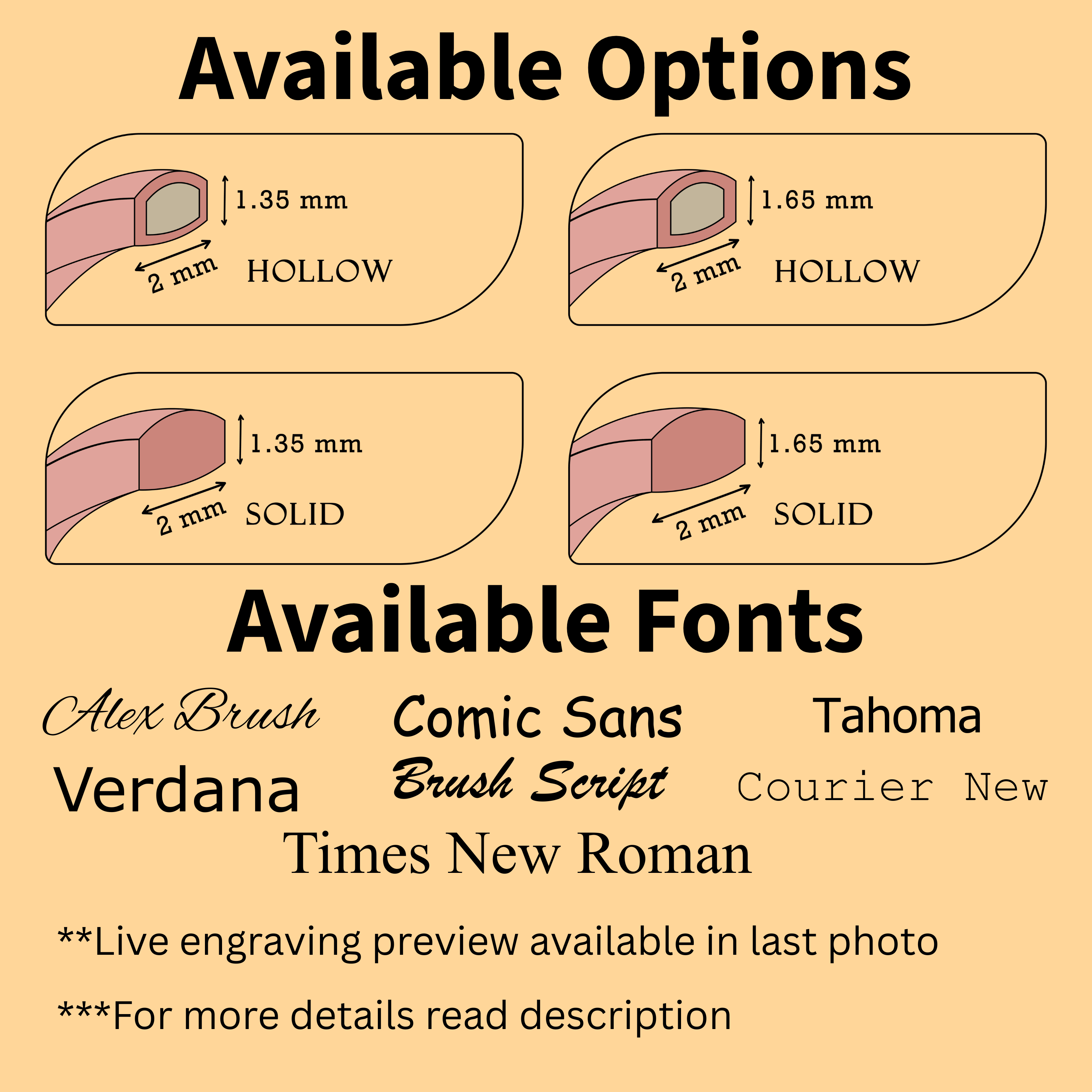 Diagram of 2mm rose gold wedding band options—hollow and solid in two profile heights—along with engraving font choices such as Alex Brush, Comic Sans, Verdana, Times New Roman, and note to see live preview in last photo.