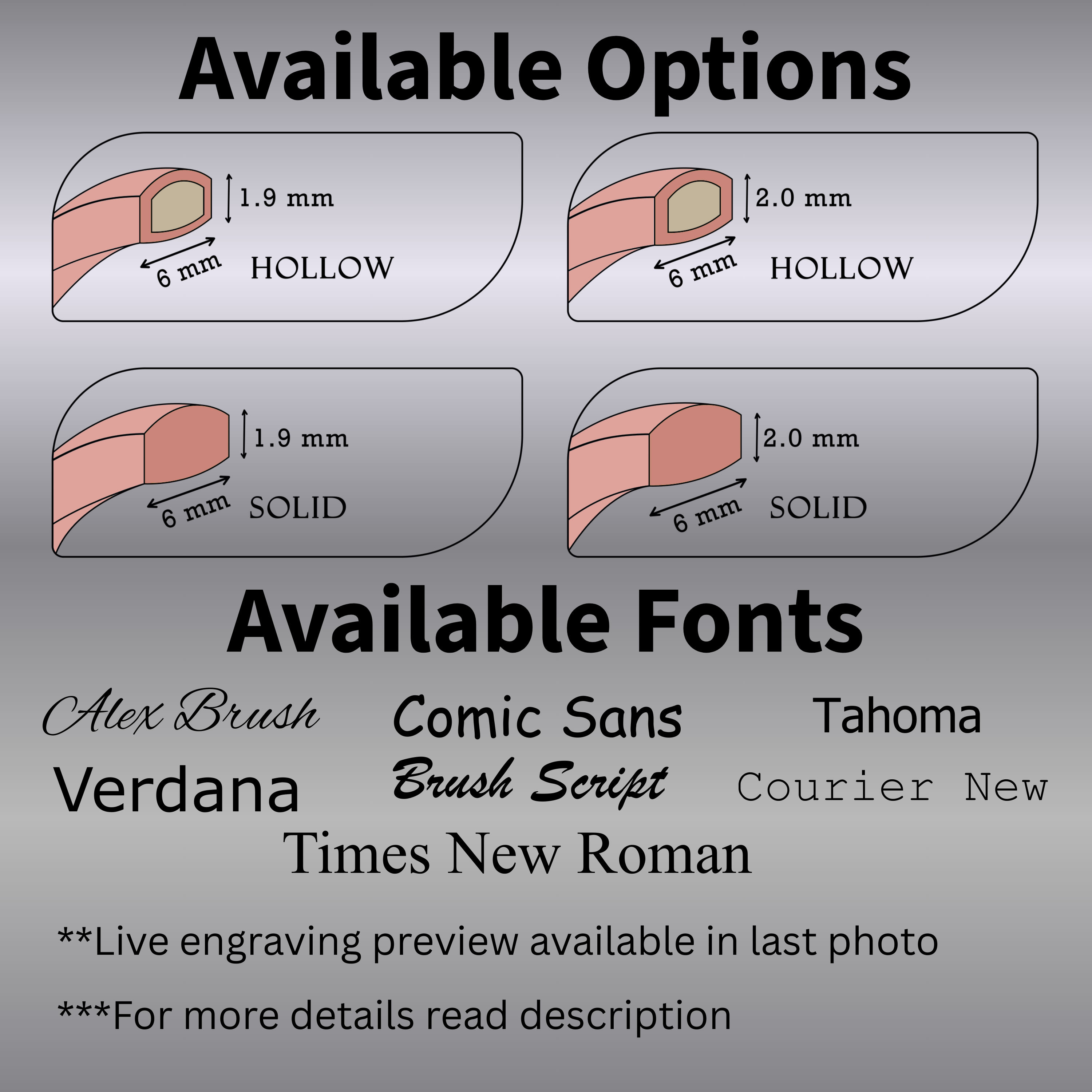 Diagram of 6mm rose gold wedding band options—hollow and solid in two profile heights—along with engraving font choices such as Alex Brush, Comic Sans, Verdana, Times New Roman, and note to see live preview in last photo.