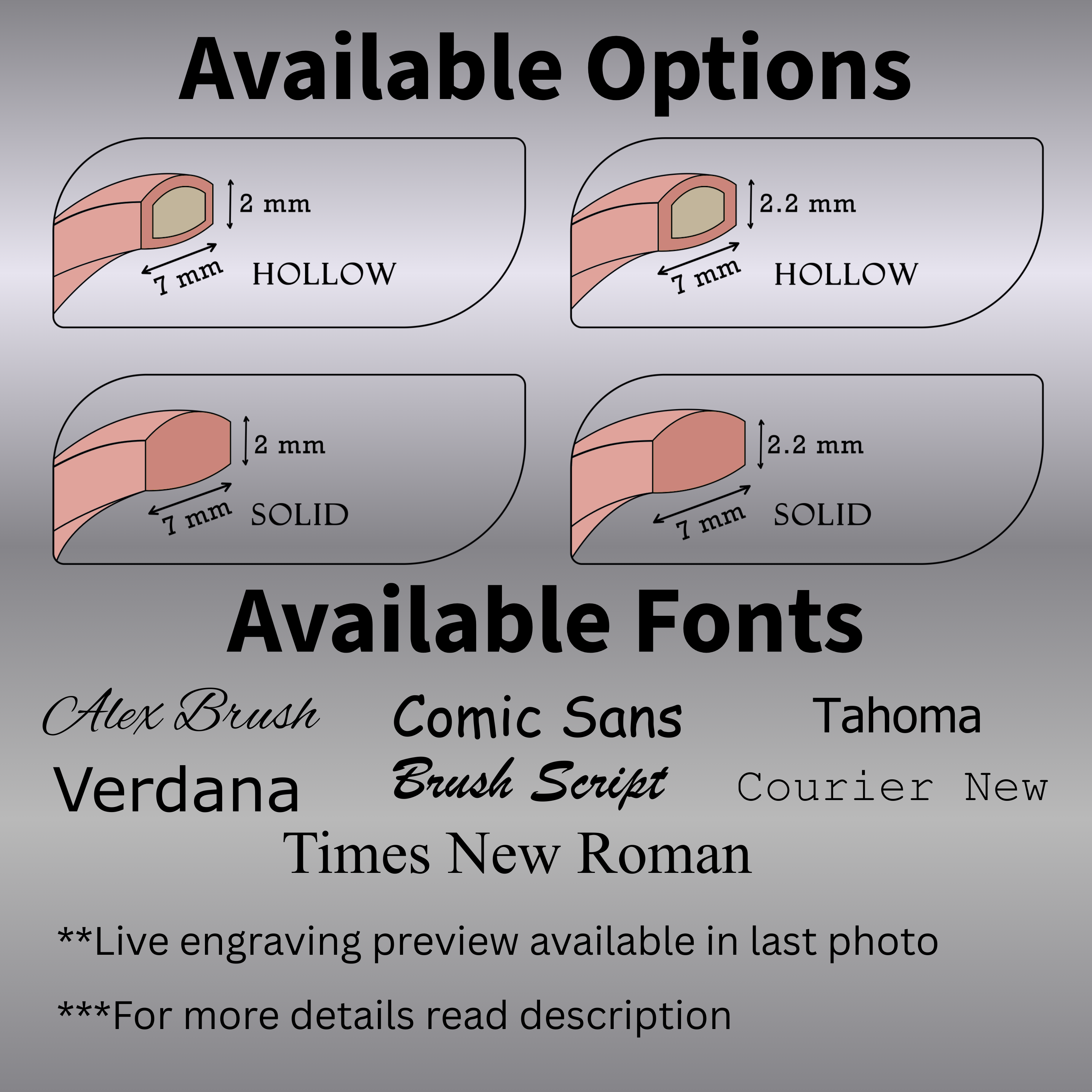 Infographic for 7mm 14k gold wedding bands showing hollow and solid cross-sections in 2mm and 2.2mm heights, plus list of available engraving fonts and note about live preview.