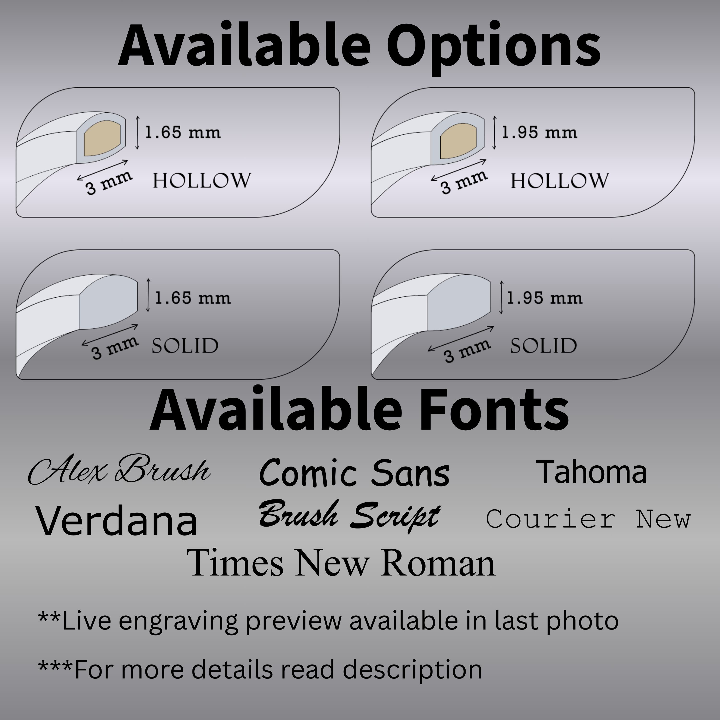 Diagram of 3mm 14k solid white gold wedding band options—hollow and solid profiles in two heights—with engraving font choices (Alex Brush, Comic Sans, Verdana, Brush Script, Times New Roman, Tahoma, Courier New) and note to read description.