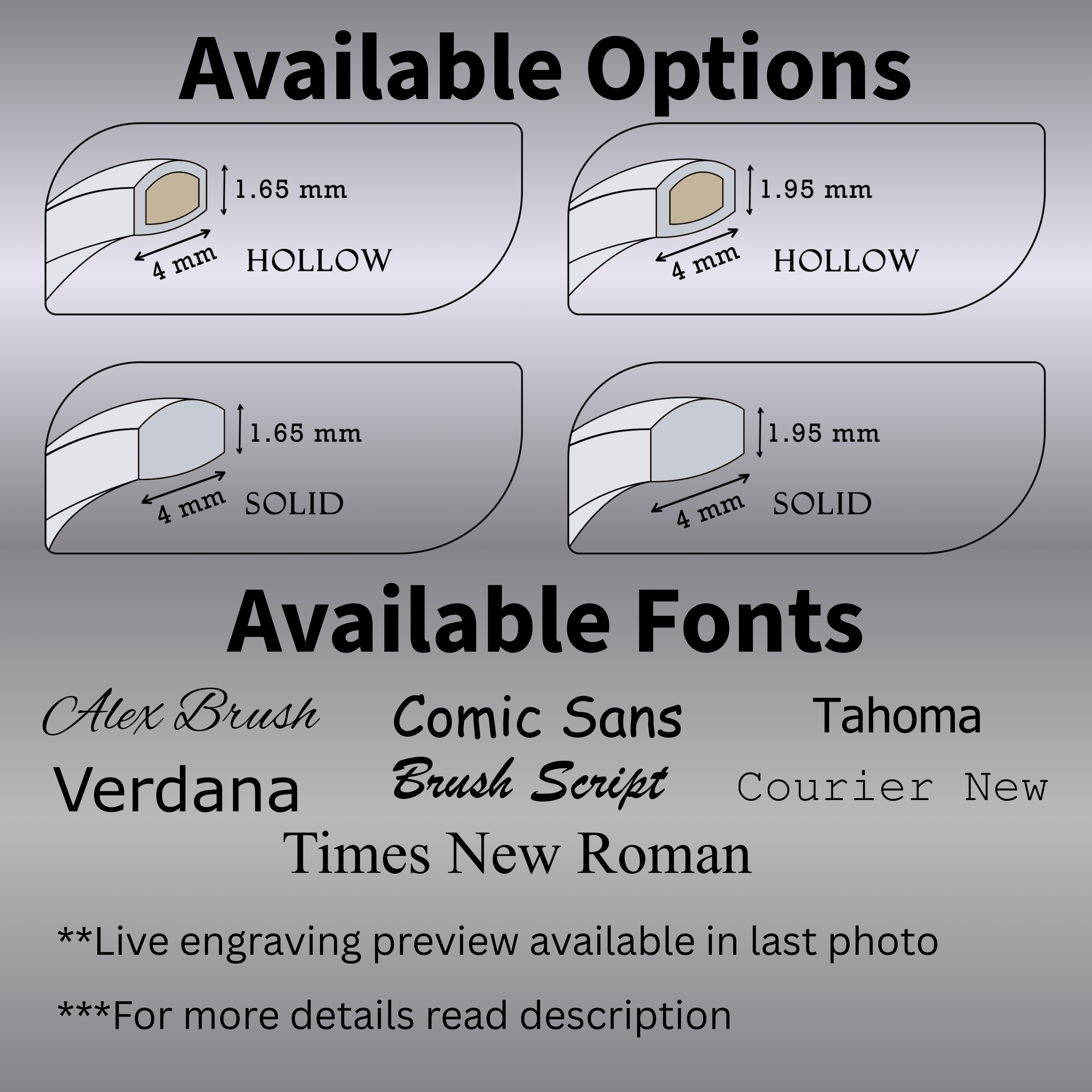 Diagram of 4mm white gold wedding band options—hollow and solid profiles in two heights—with engraving font choices (Alex Brush, Comic Sans, Verdana, Brush Script, Times New Roman, Tahoma, Courier New) and note to read description.