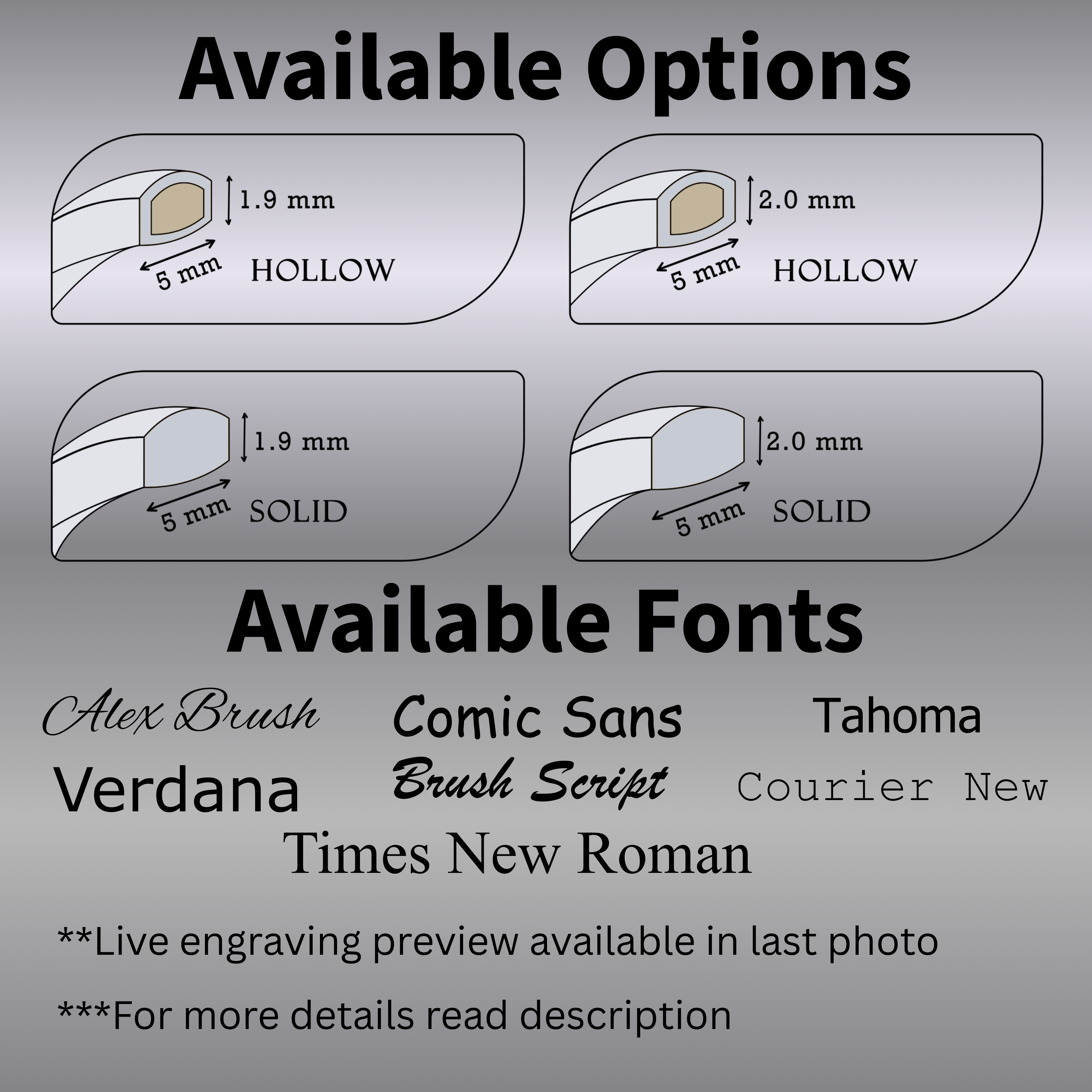 Diagram of 5mm white gold wedding band options—hollow and solid profiles in two heights—with engraving font choices (Alex Brush, Comic Sans, Verdana, Brush Script, Times New Roman, Tahoma, Courier New) and note to read description.