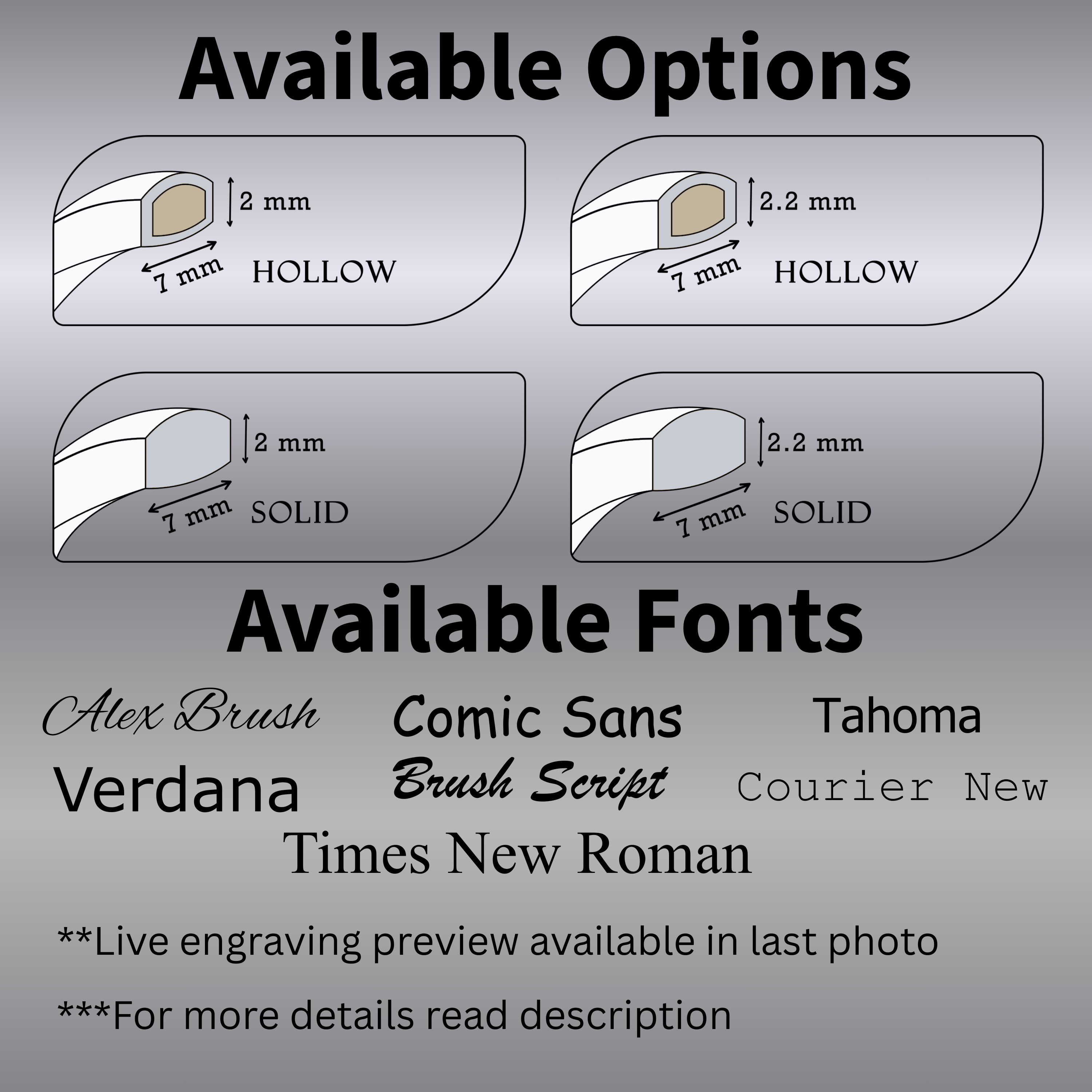 Infographic for 7mm 14k white gold wedding bands showing hollow and solid cross-sections in 2mm and 2.2mm heights, plus list of available engraving fonts and note about live preview.