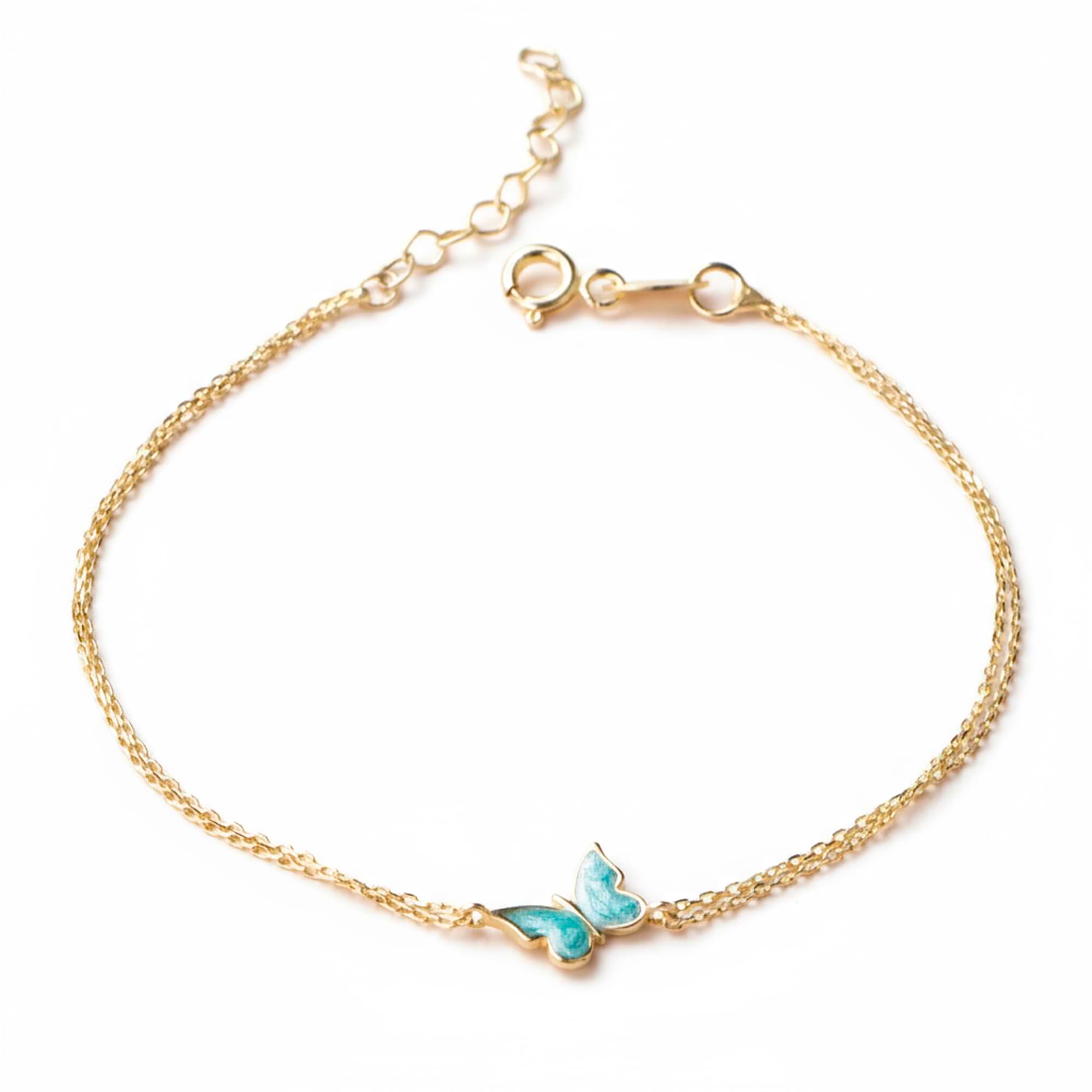 14k Gold chain bracelet with blue enamel butterfly charm, adjustable lobster clasp closure, on white background