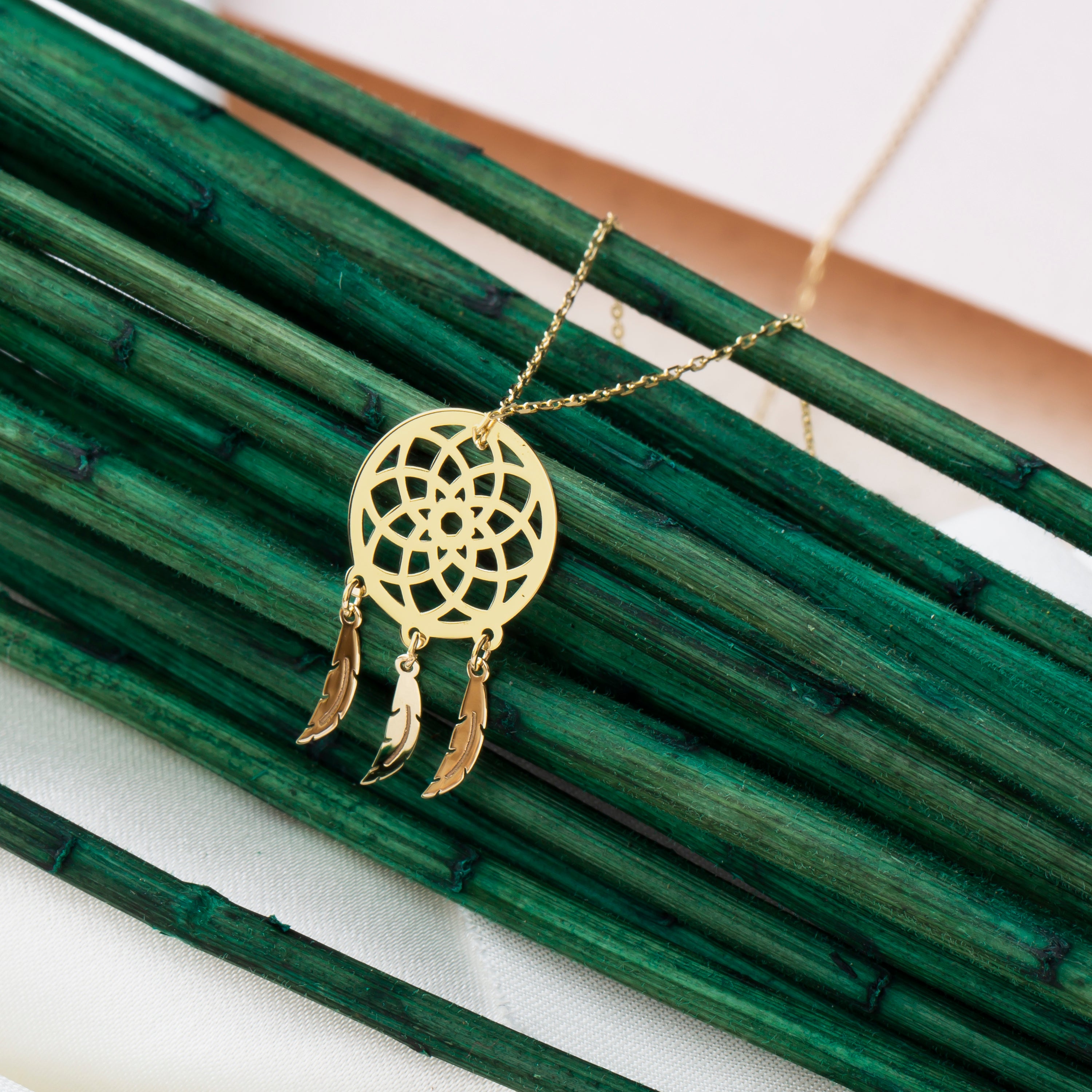 14K Solid Gold Dreamcatcher Pendant Necklace