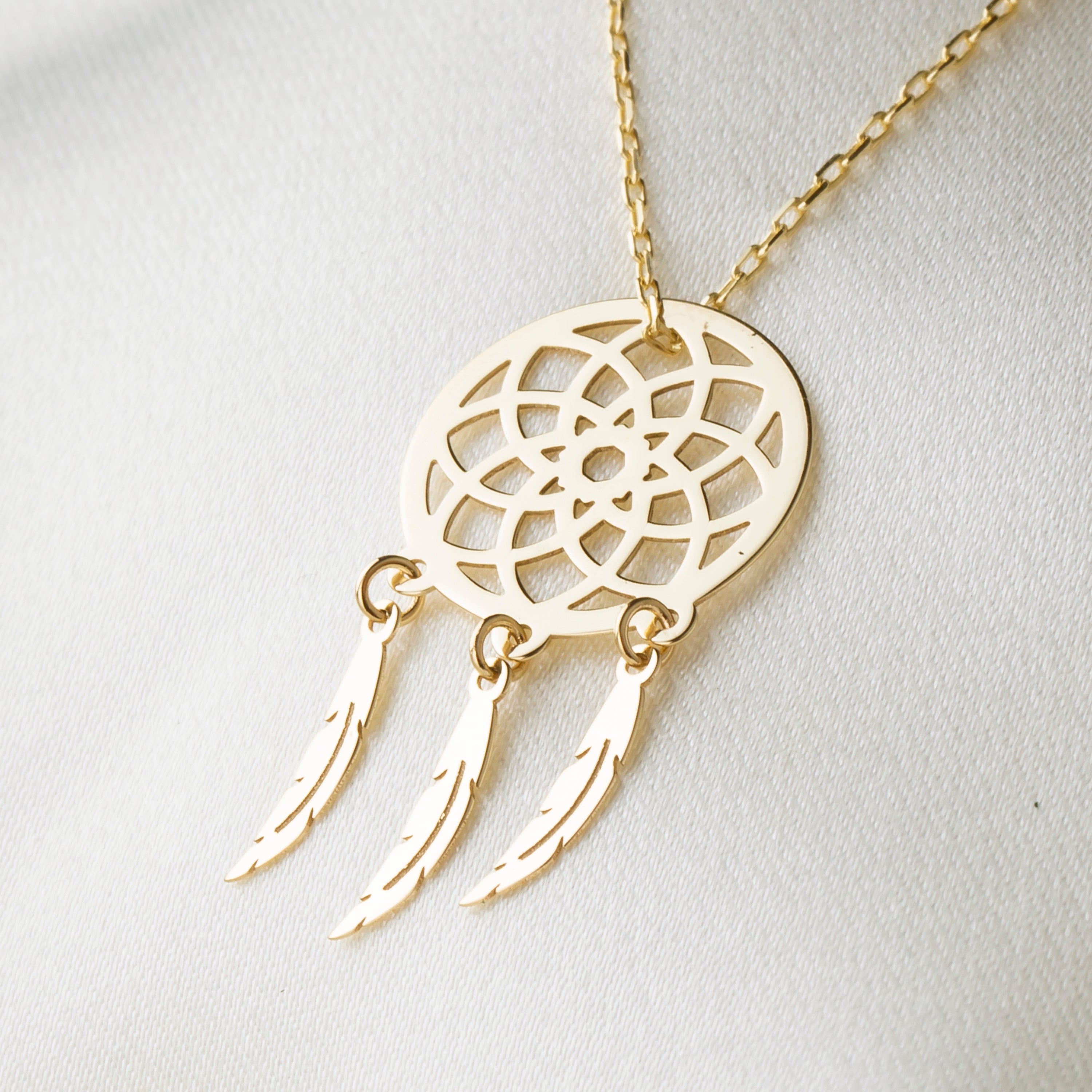 14K Solid Gold Dreamcatcher Pendant Necklace