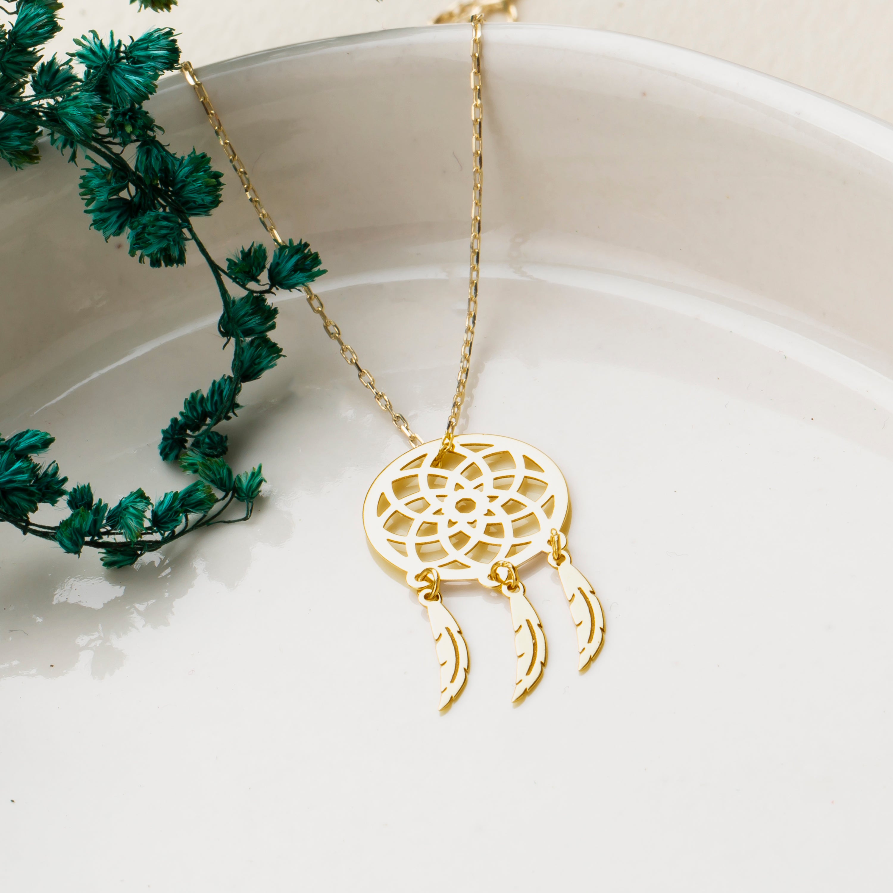 14K Solid Gold Dreamcatcher Pendant Necklace