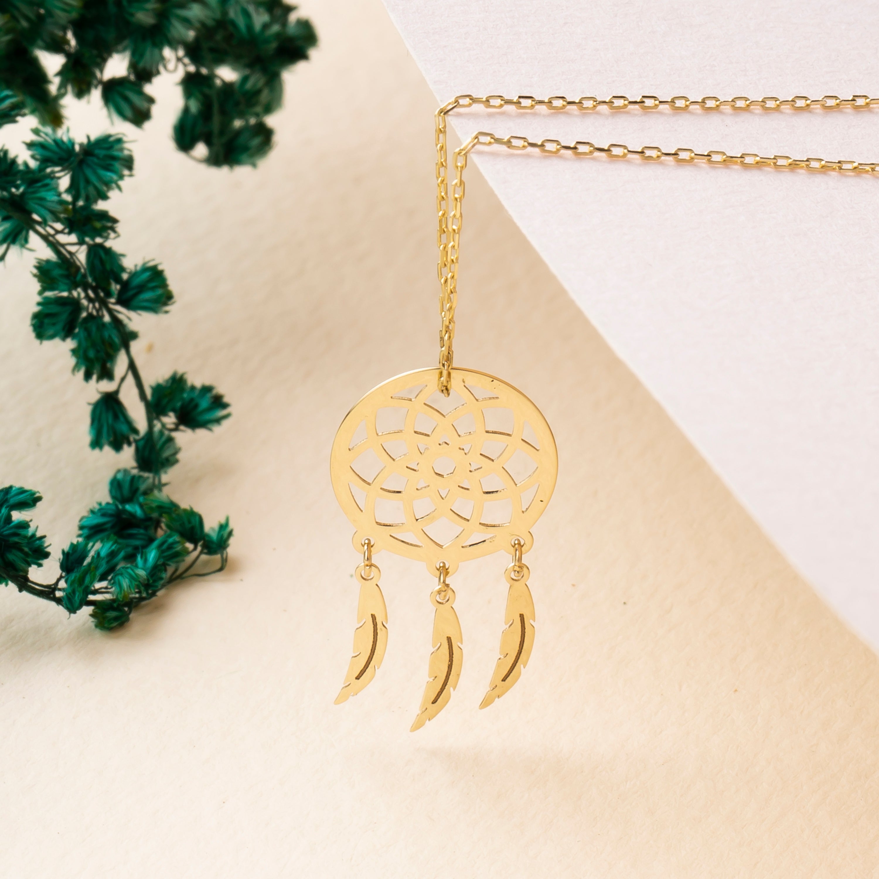 14K Solid Gold Dreamcatcher Pendant Necklace