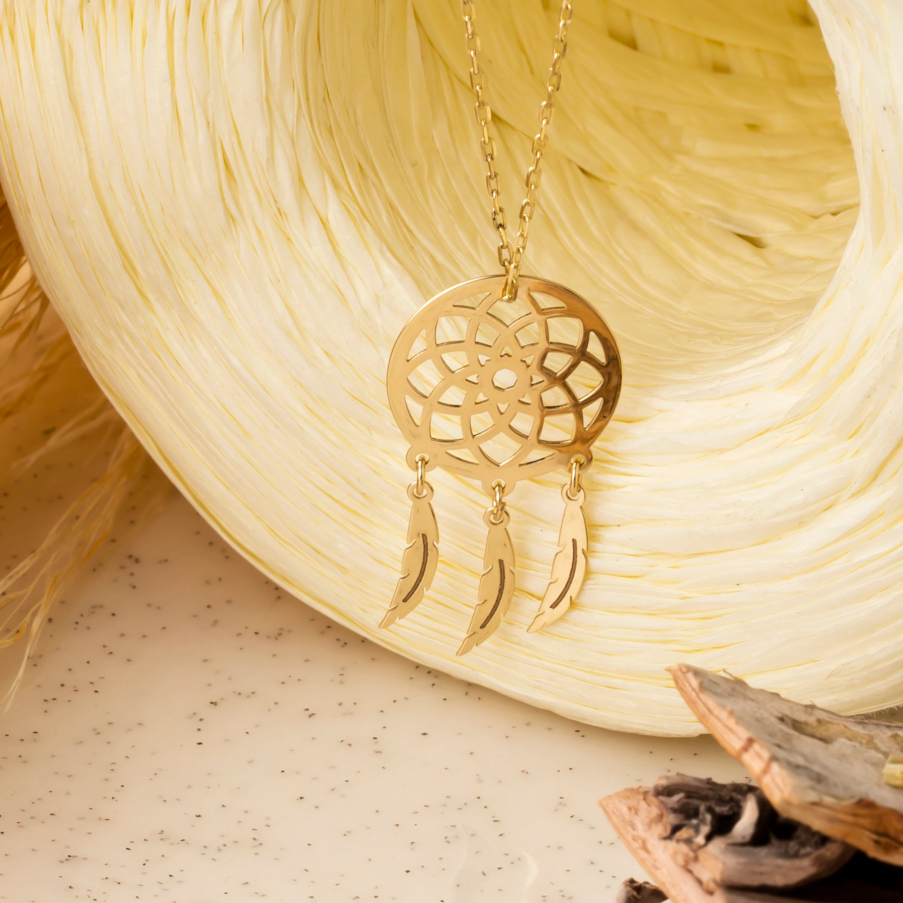 14K Solid Gold Dreamcatcher Pendant Necklace