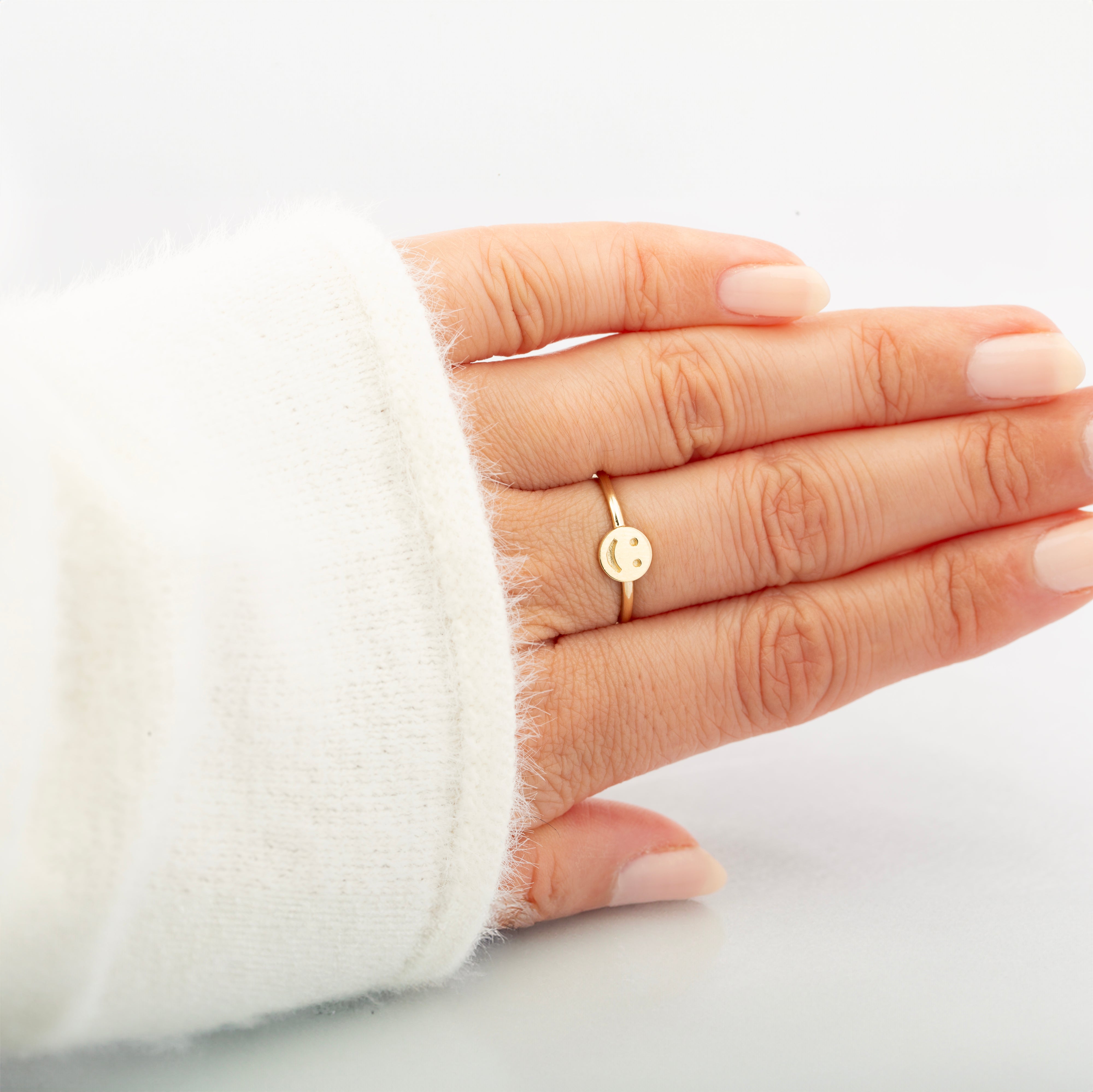 14K Solid Gold Smiley Face Signet Ring