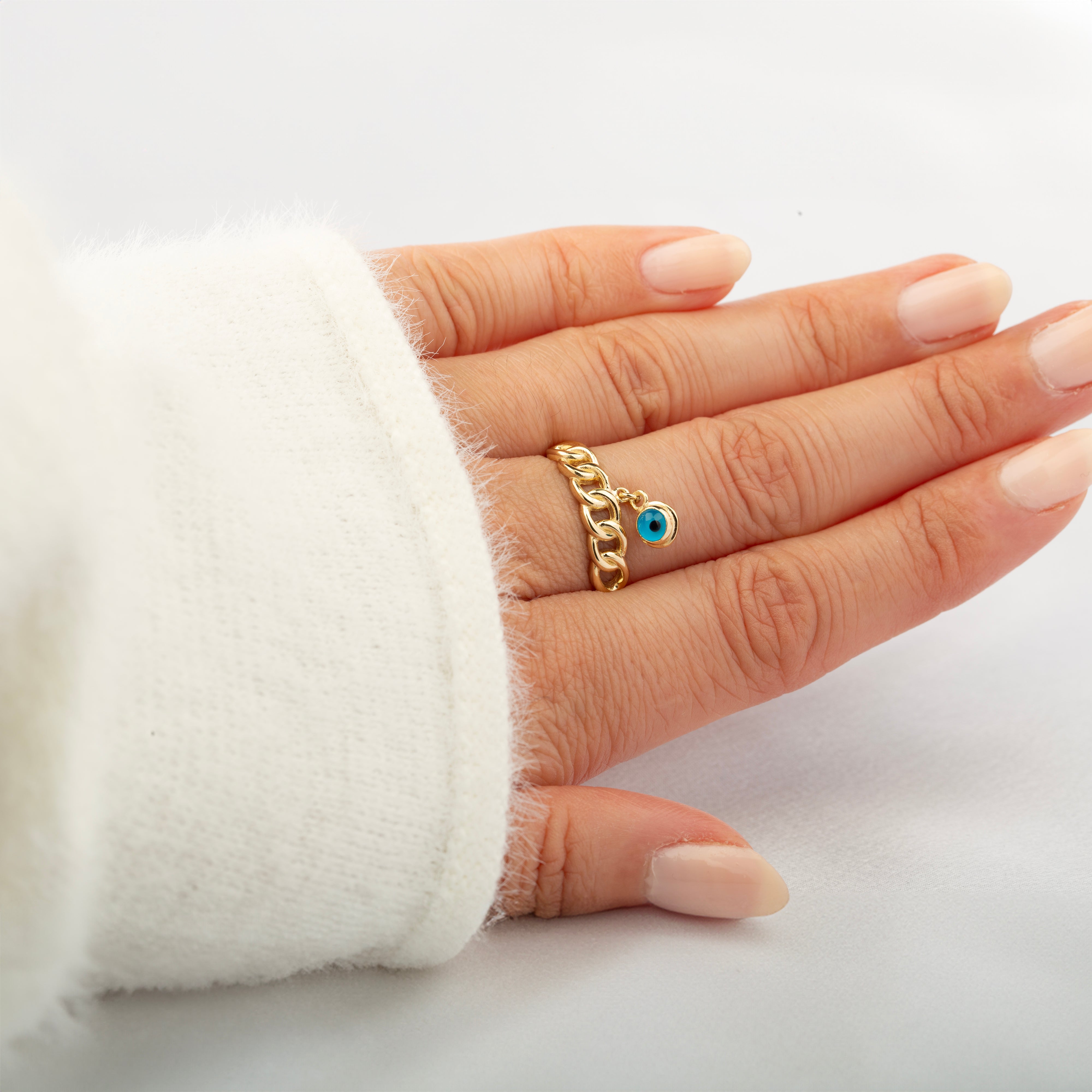 14K Solid Gold Chain Link Ring with Evil Eye Charm