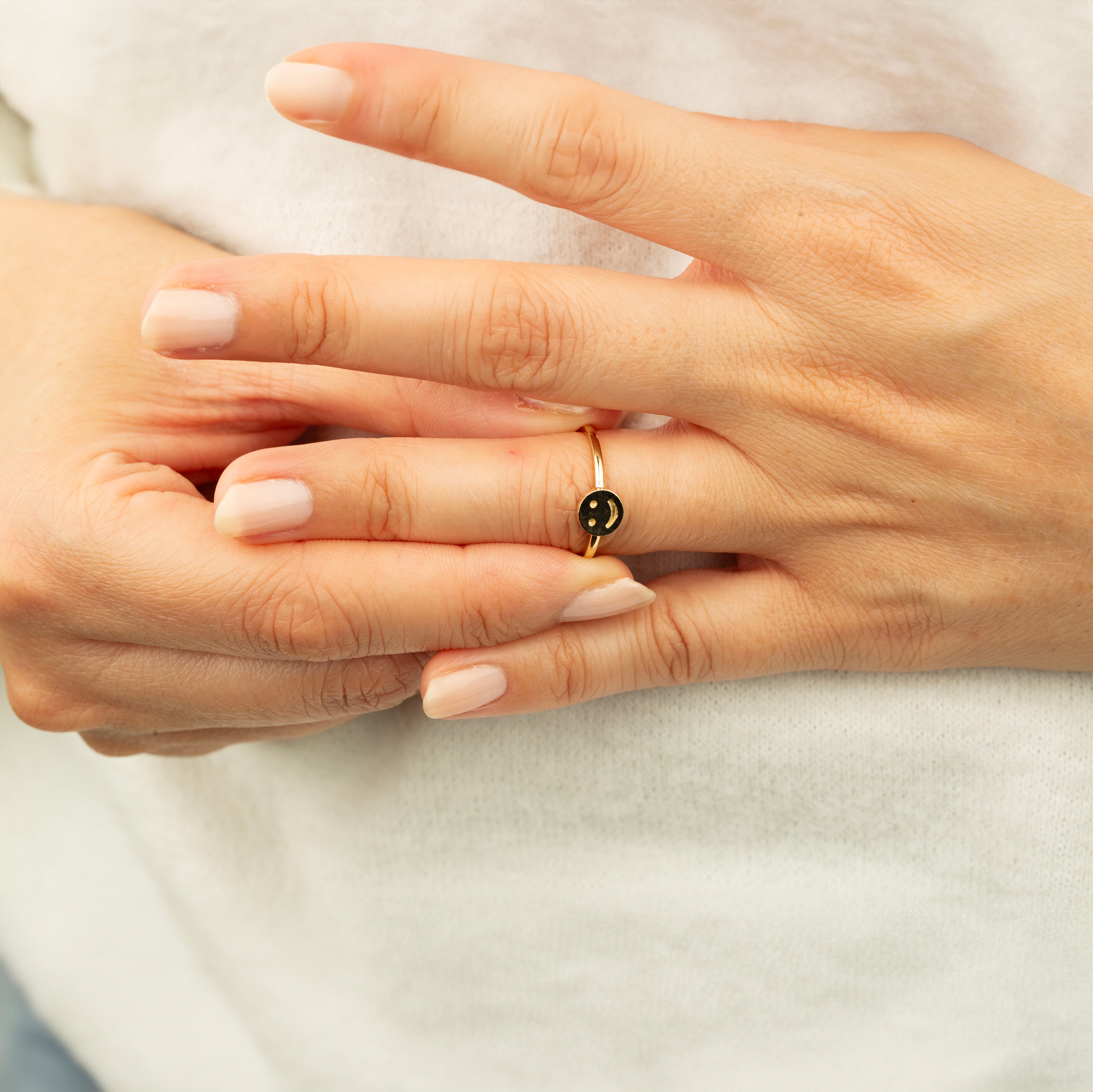 14K Solid Gold Smiley Face Signet Ring