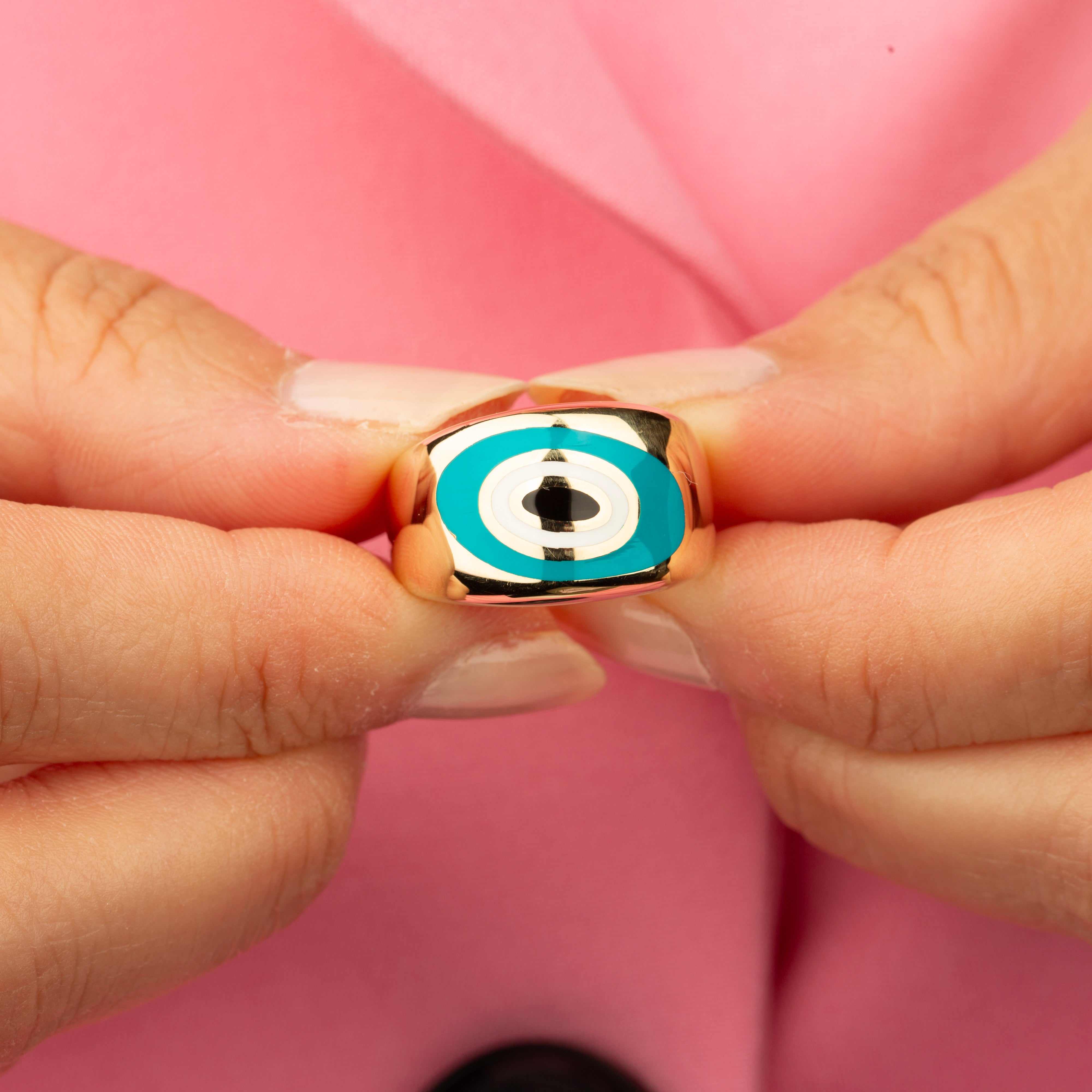 14K Solid Gold Large Dome Evil Eye Ring