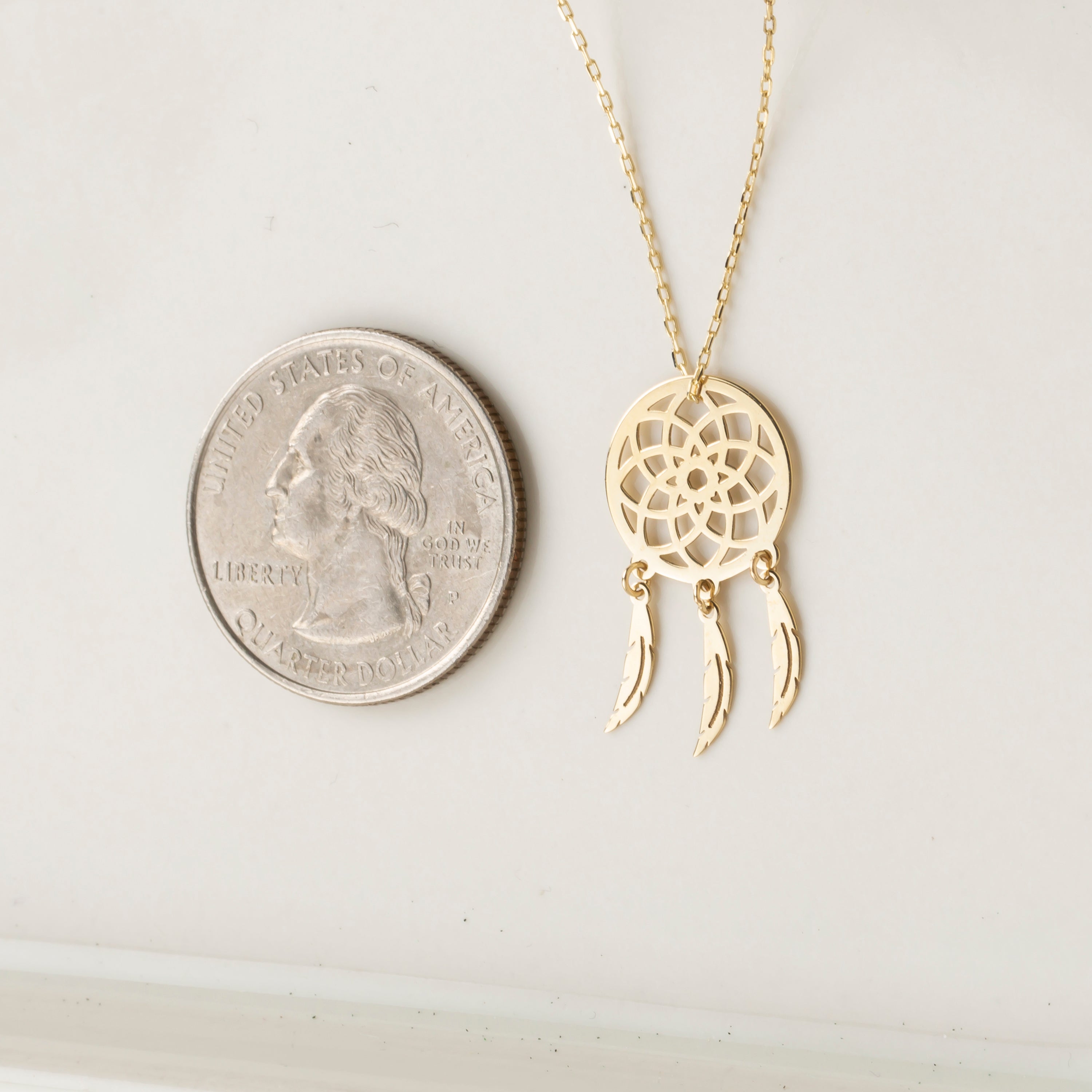 14K Solid Gold Dreamcatcher Pendant Necklace